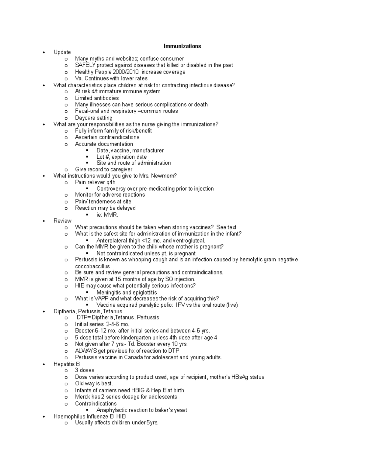 Immunizations - Pediatric Immunization Notes, Van Orden Lecture ...