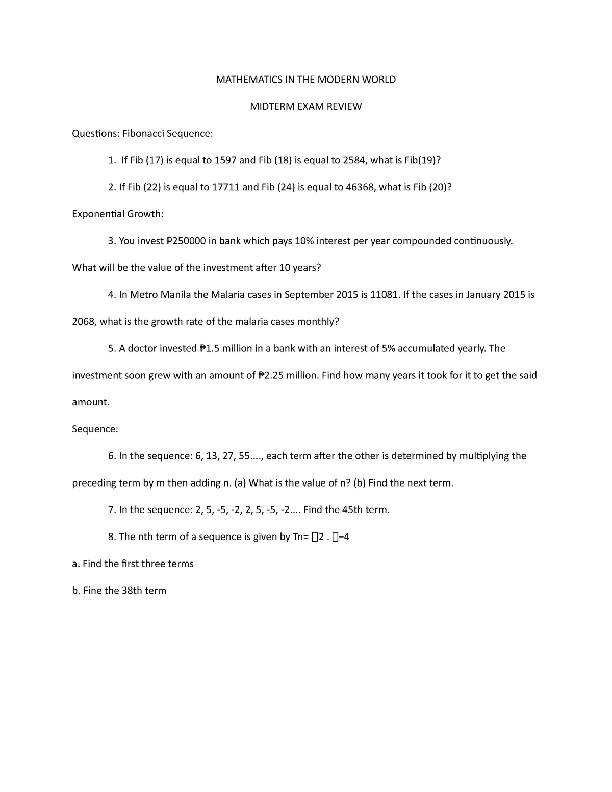 Mathematics In The Modern World Midterm Exam Answer Key MATHEMATICS 