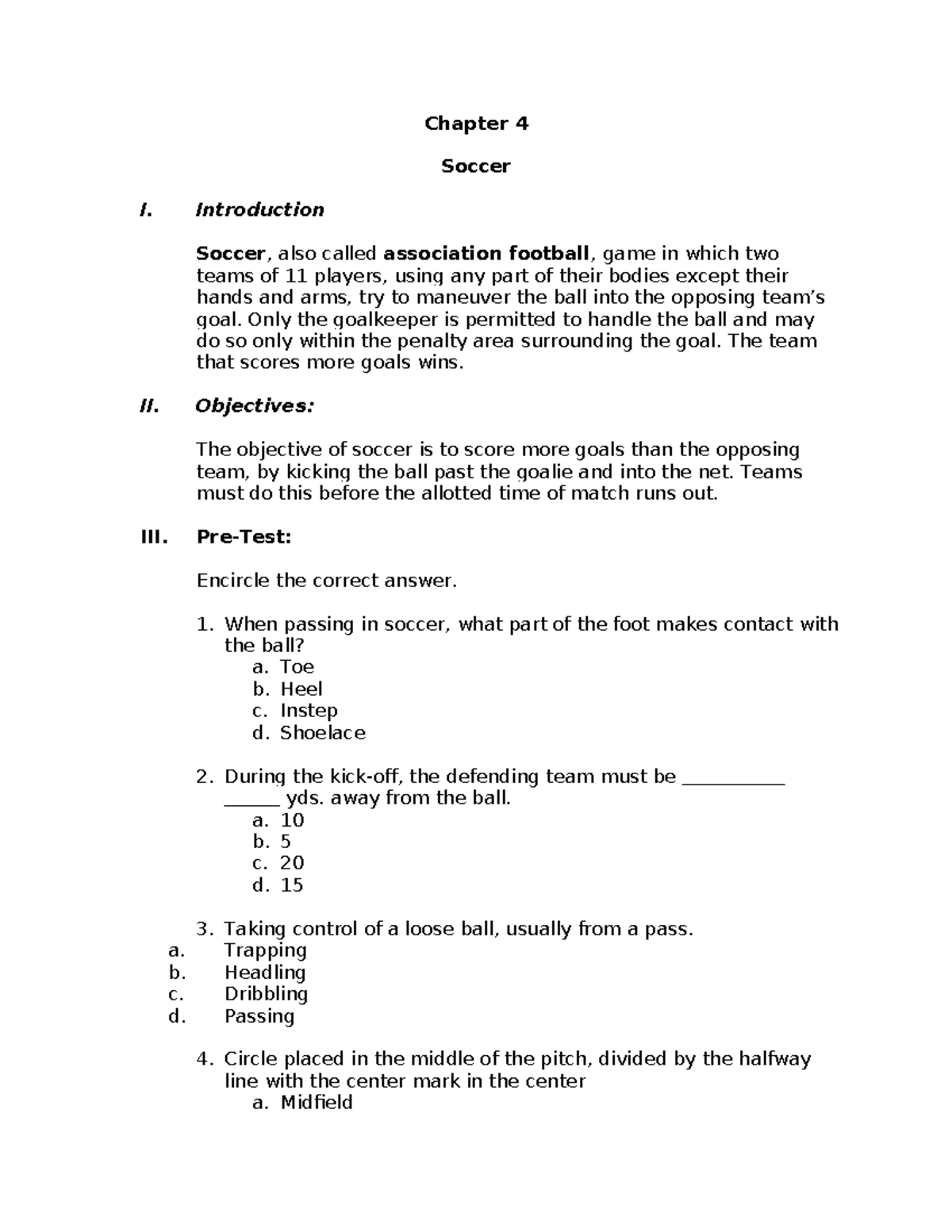 Pe 3 Chapter 4 Soccer Chapter 4 Soccer I Introduction Soccer Also Called Association