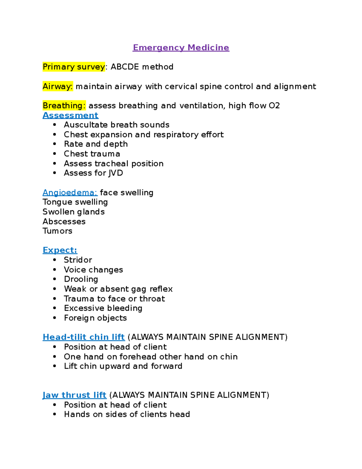 Emergency Medicine - Emergency Medicine Primary survey: ABCDE method ...