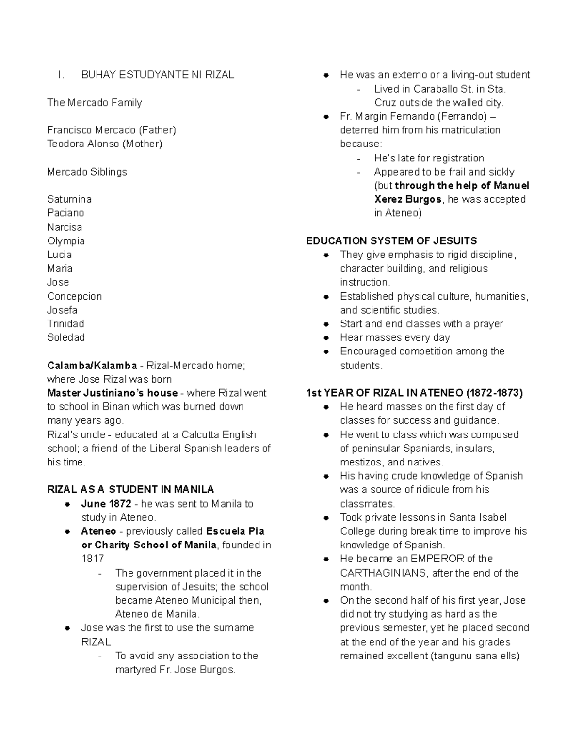 Life and Works of Rizal lecture notes - I. BUHAY ESTUDYANTE NI RIZAL ...