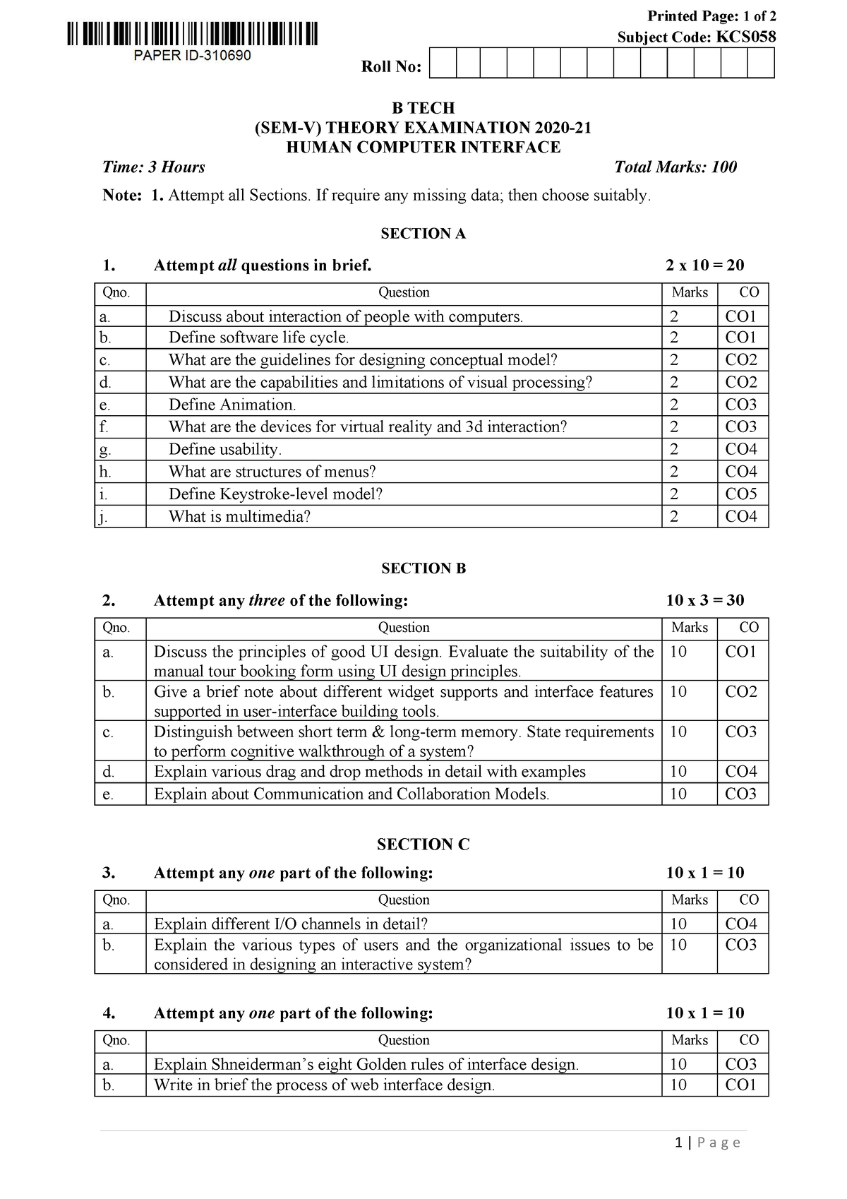 2021- KCS058 - Exam Paper - Printed Page: 1 of 2 Subject Code: KCS 0 ...