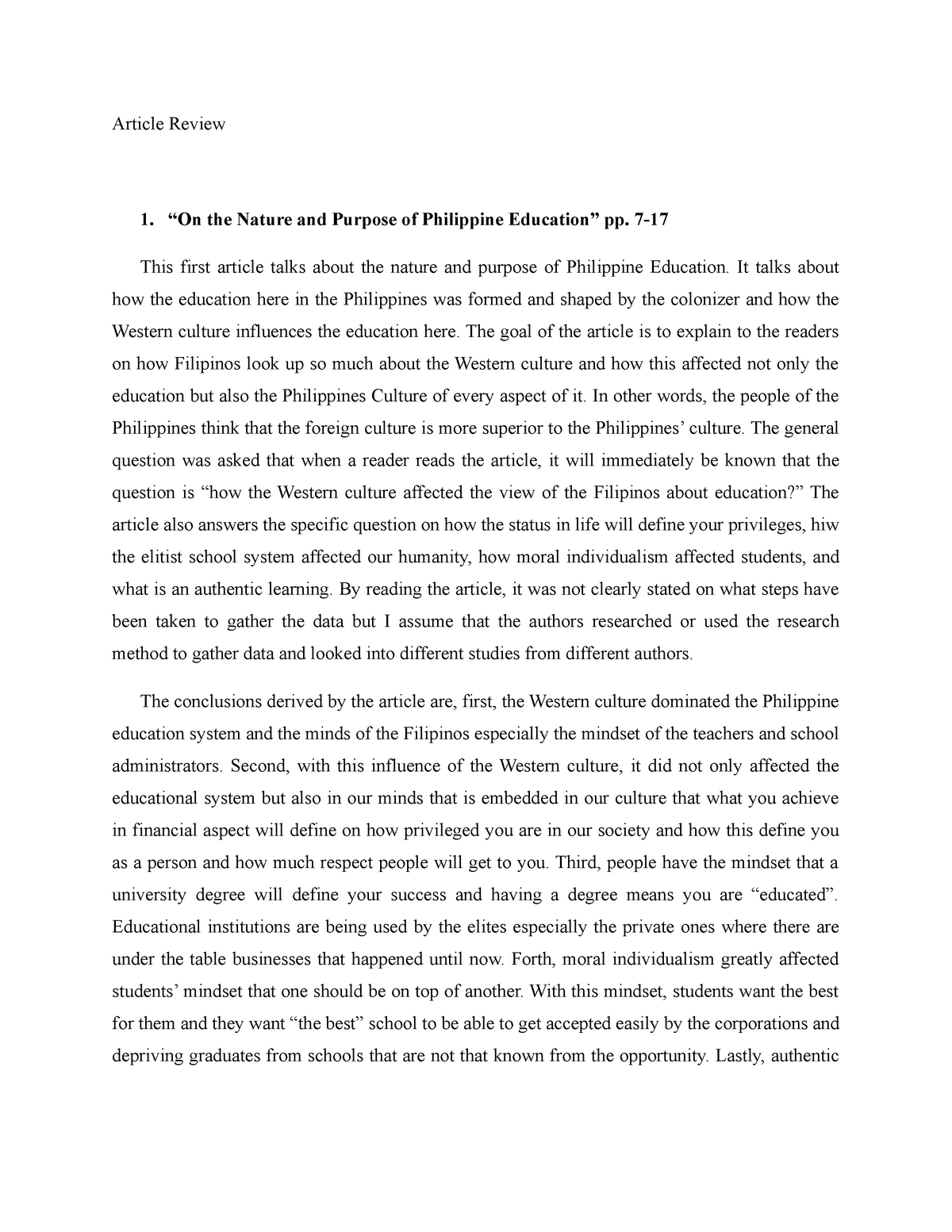 article review on the nature and purpose of philippine education