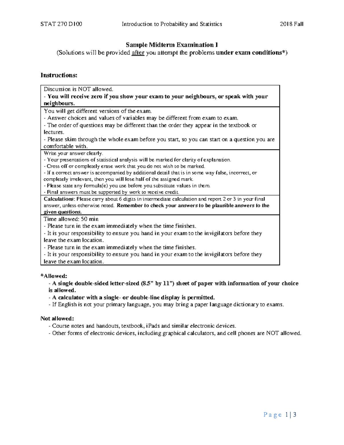 Sample/practice exam 10 Fall 2018, questions - STAT 270 D100 ...