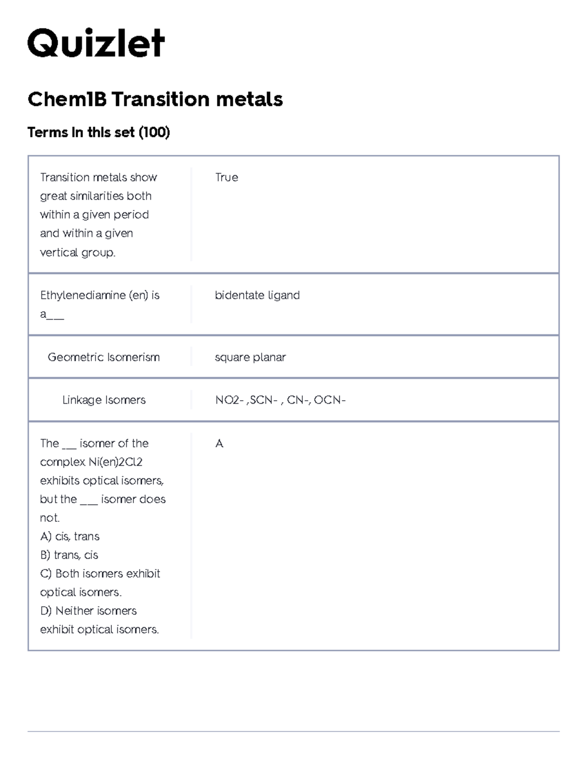 Chem1B Transition Metals Flashcards Quizlet - Chem1B Transition Metals ...