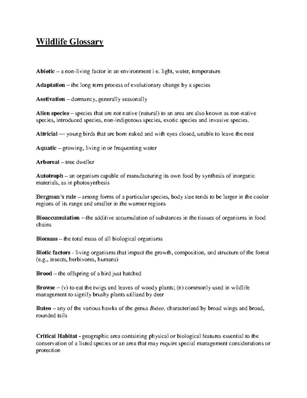 Wildlife Glossary of Terms - Wildlife Glossary Abiotic – a non-living ...