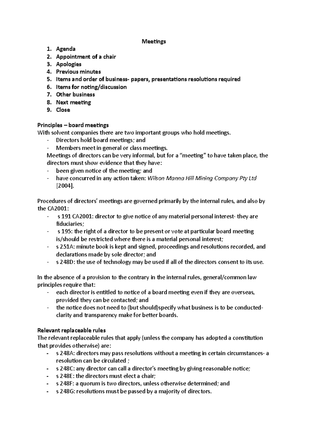 Meetings - Lecture Notes - Meetings Agenda Appointment of a chair ...