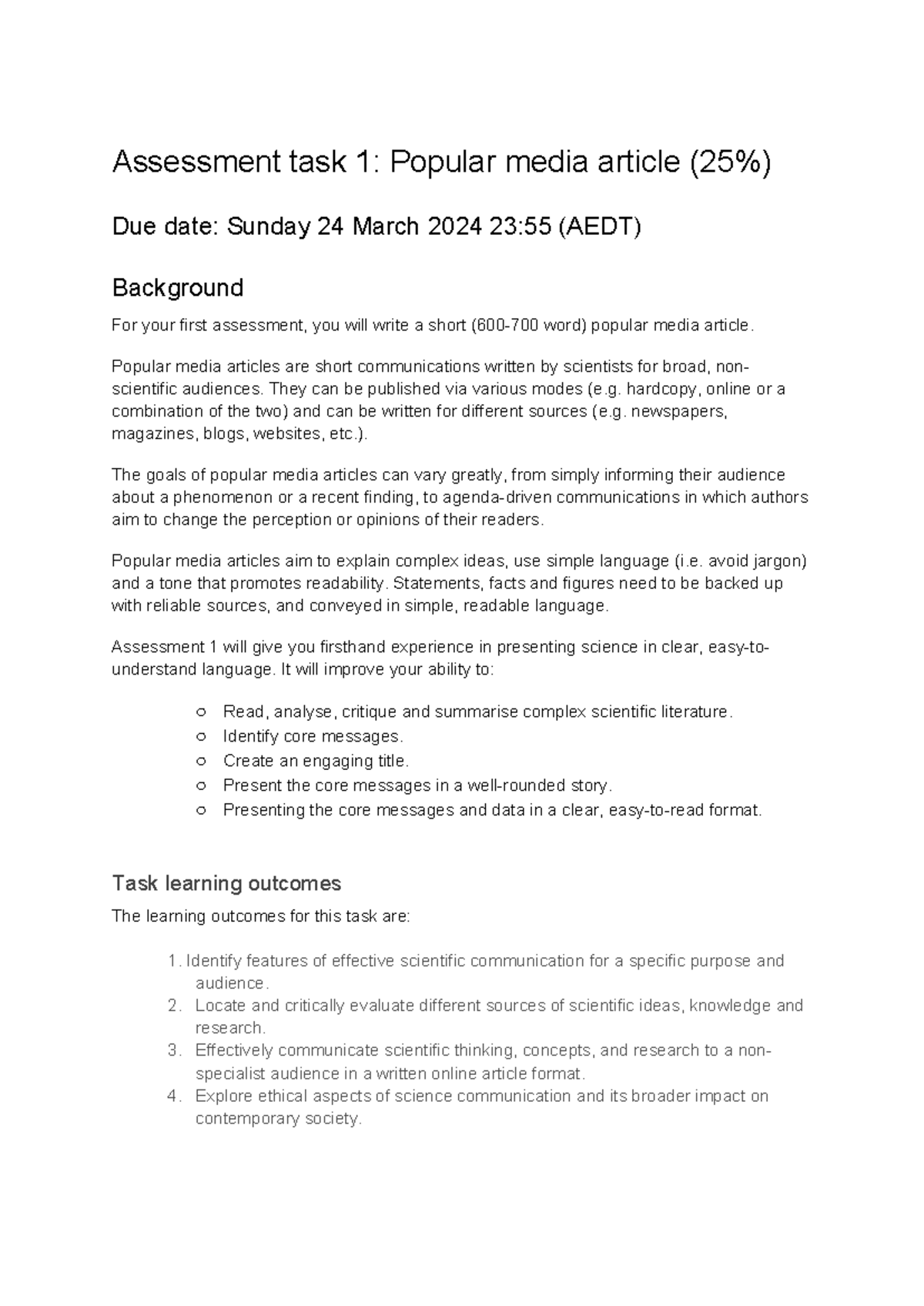 SCI1000 Assessment task 1 (Popular Media Article) Instructions Assessment task 1 Popular