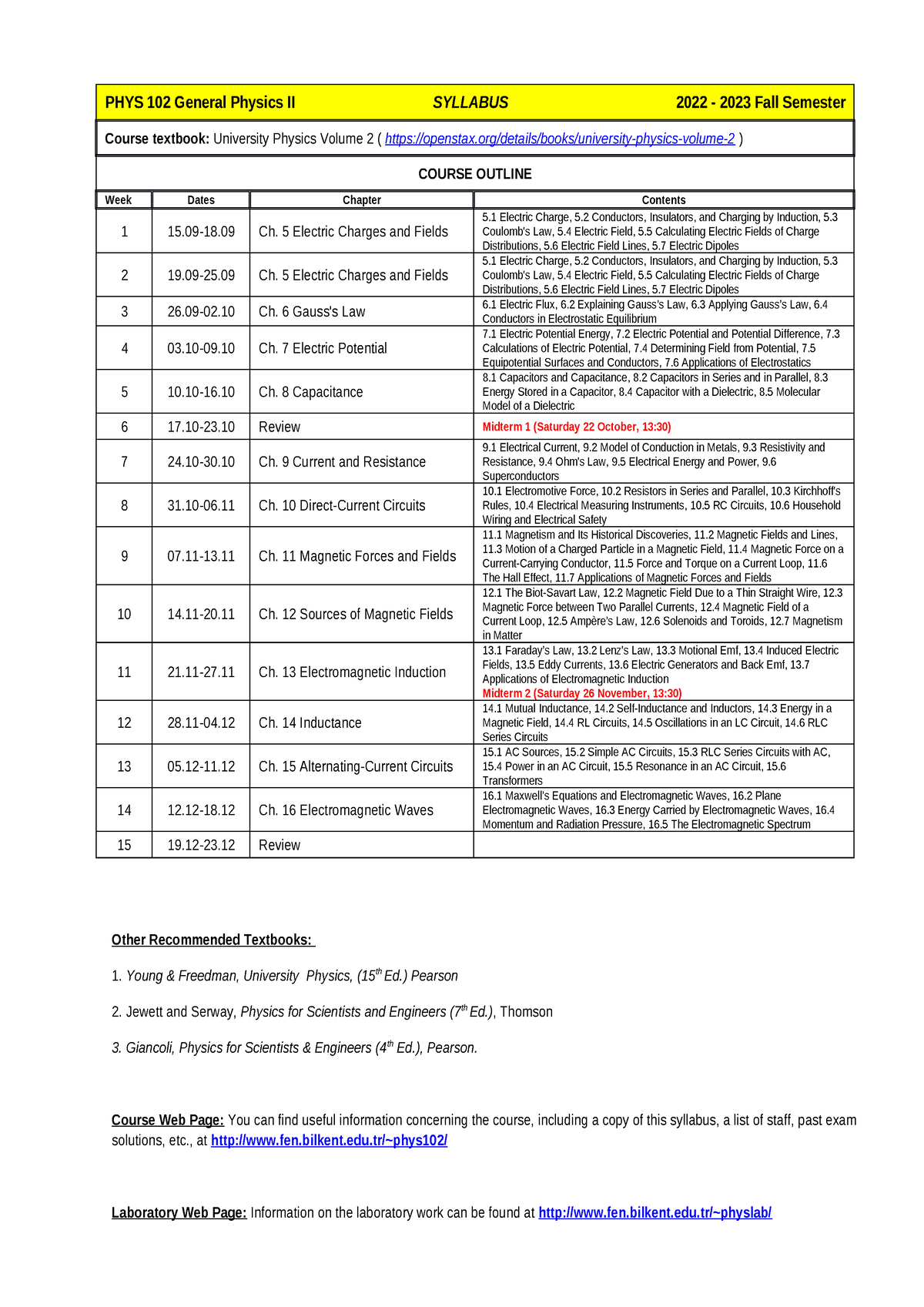 Syllabus 2023 - PHYS 102 General Physics II SYLLABUS 2022 - 2023 Fall ...