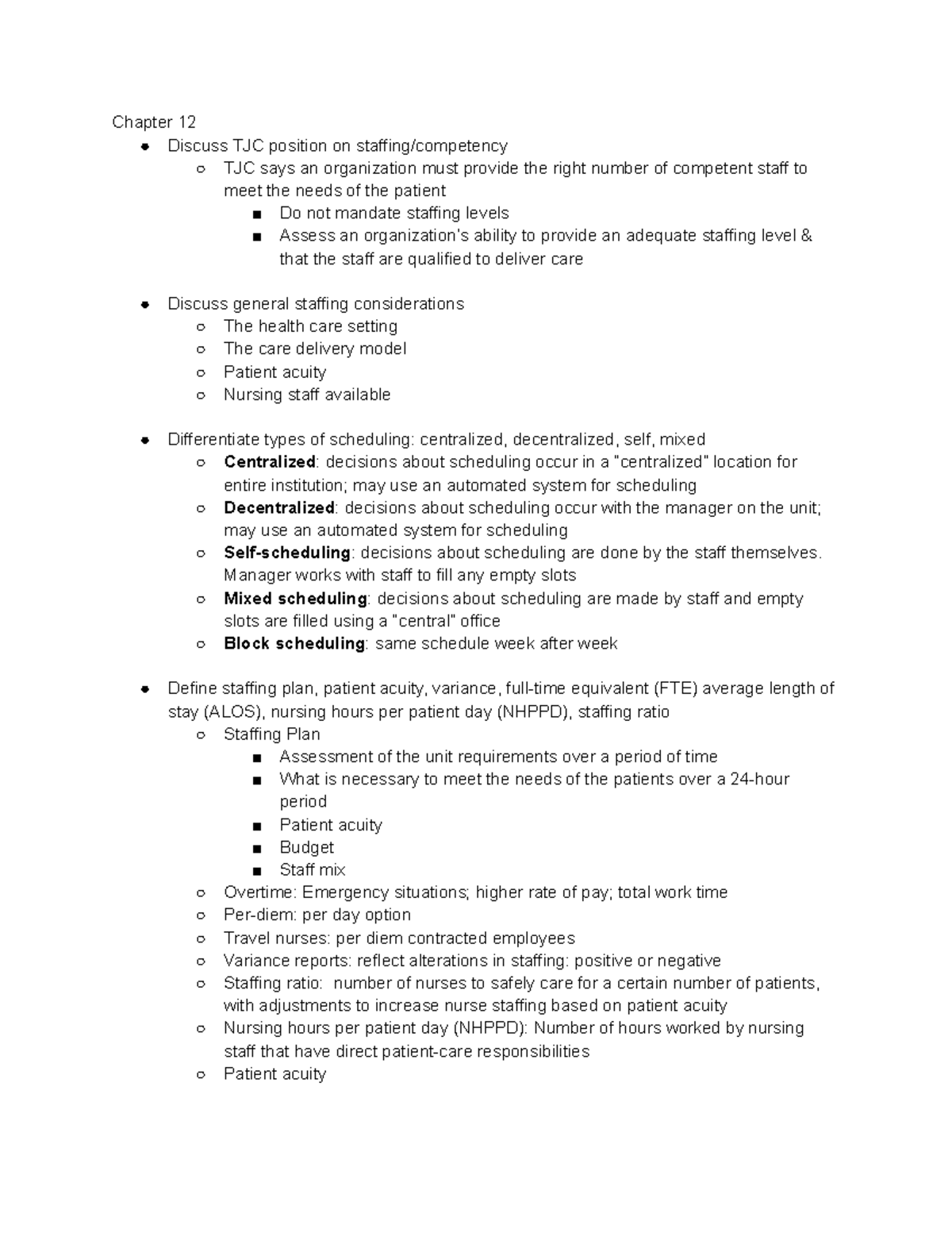 MOC Test 2 - Study guide - Chapter 12 Discuss TJC position on staffing ...