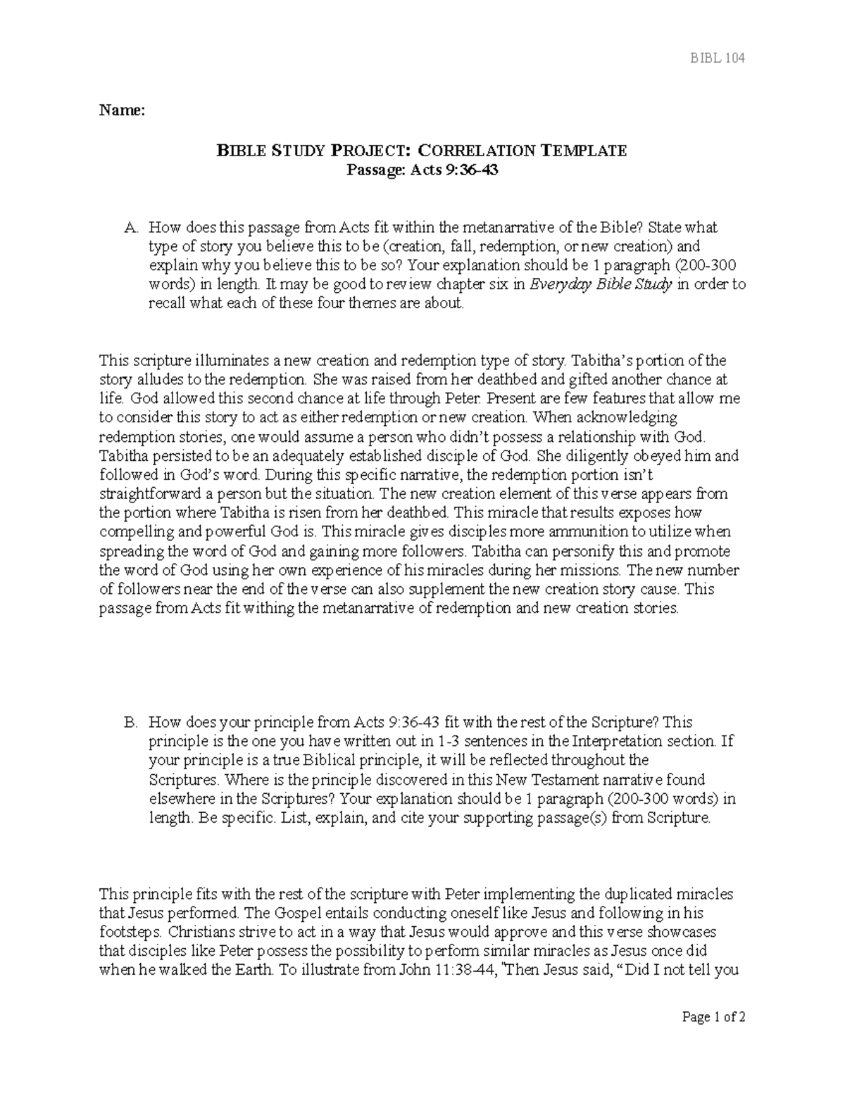 Bible Study Project Correlation Template BIBL 104 Name BIBLE STUDY