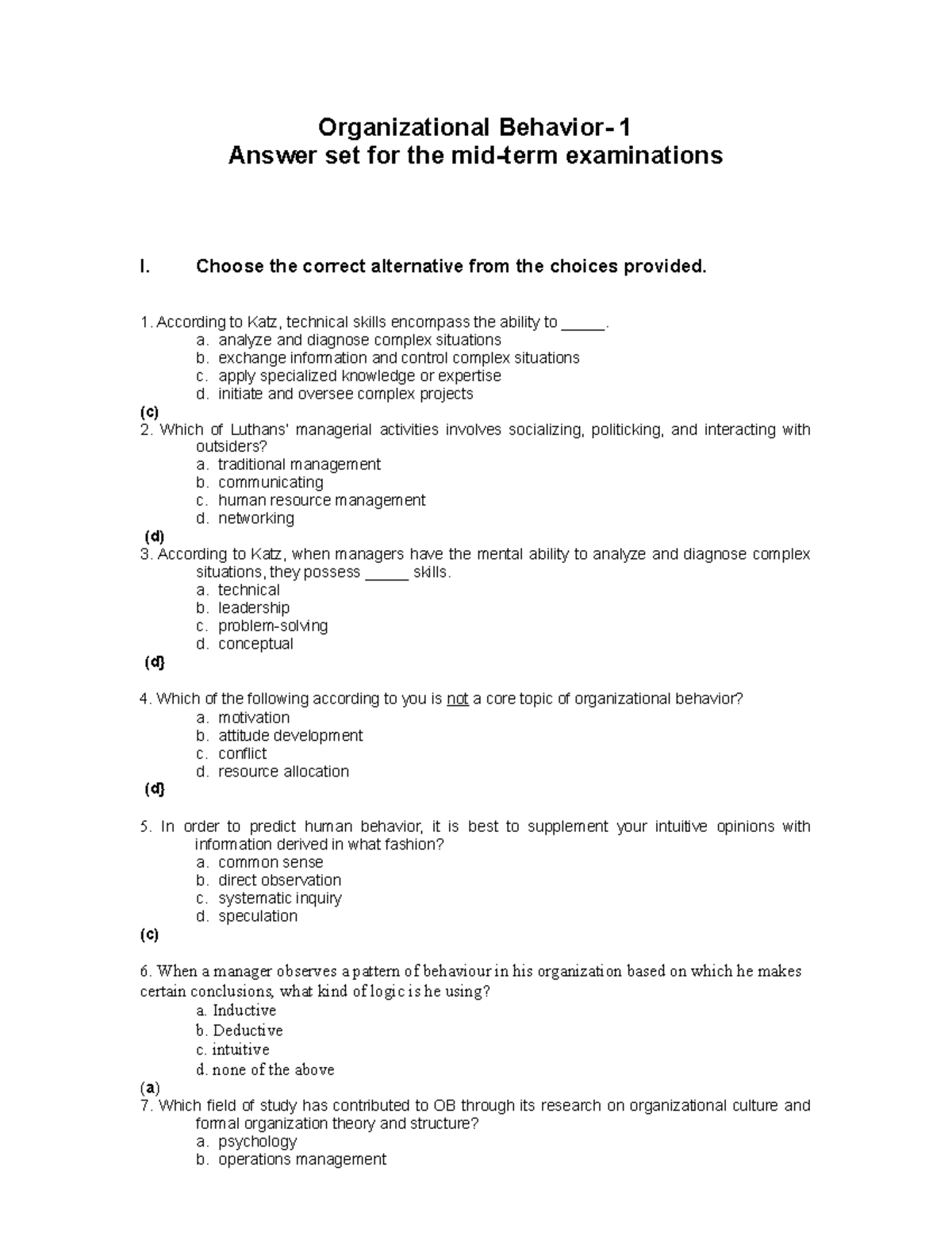 Mid 2018, Questions And Answers - Organizational Behavior- 1 Answer Set ...