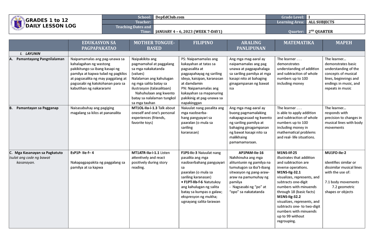 DLL ALL Subjects 1 Q2 W7 D1 - GRADES 1 to 12 DAILY LESSON LOG School ...