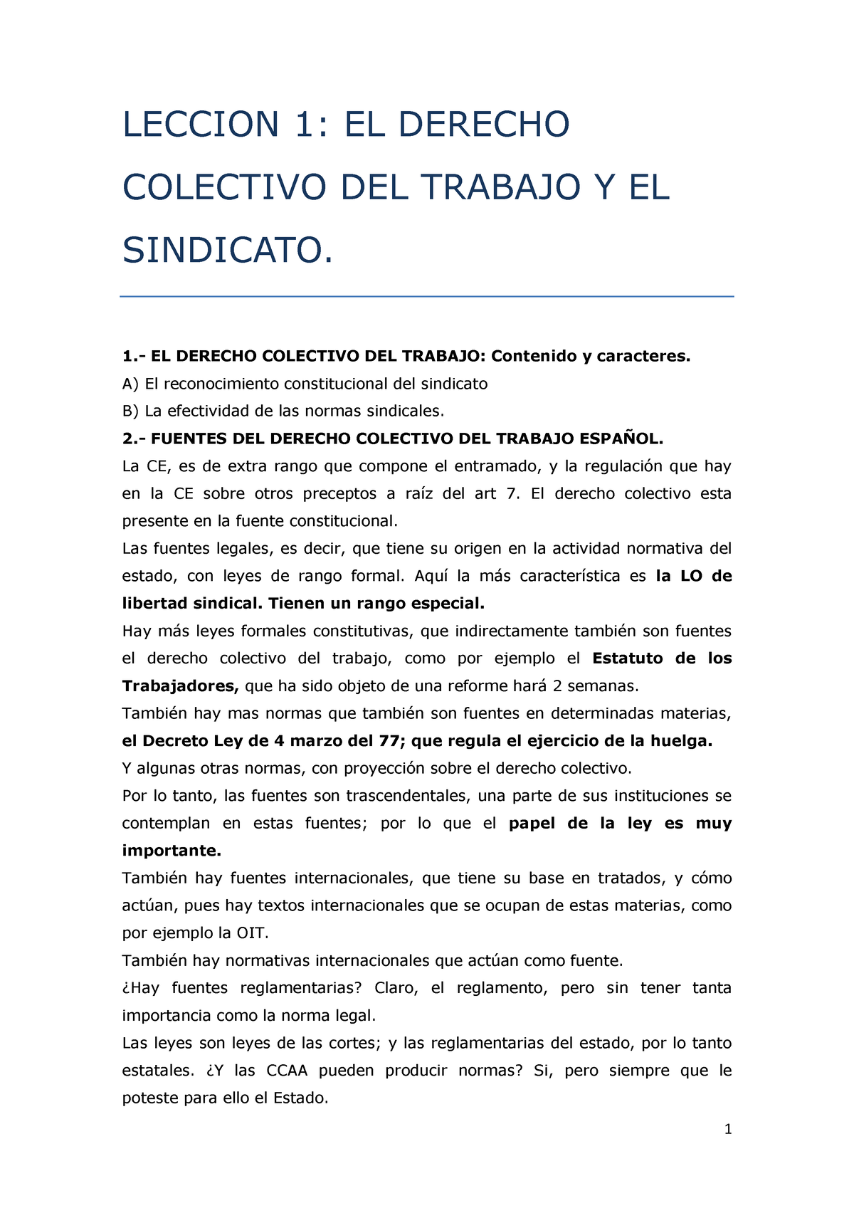 Derecho Colectivo Del Trabajo Leccion 1 El Derecho Colectivo Del Trabajo Y El Sindicato 1 1925