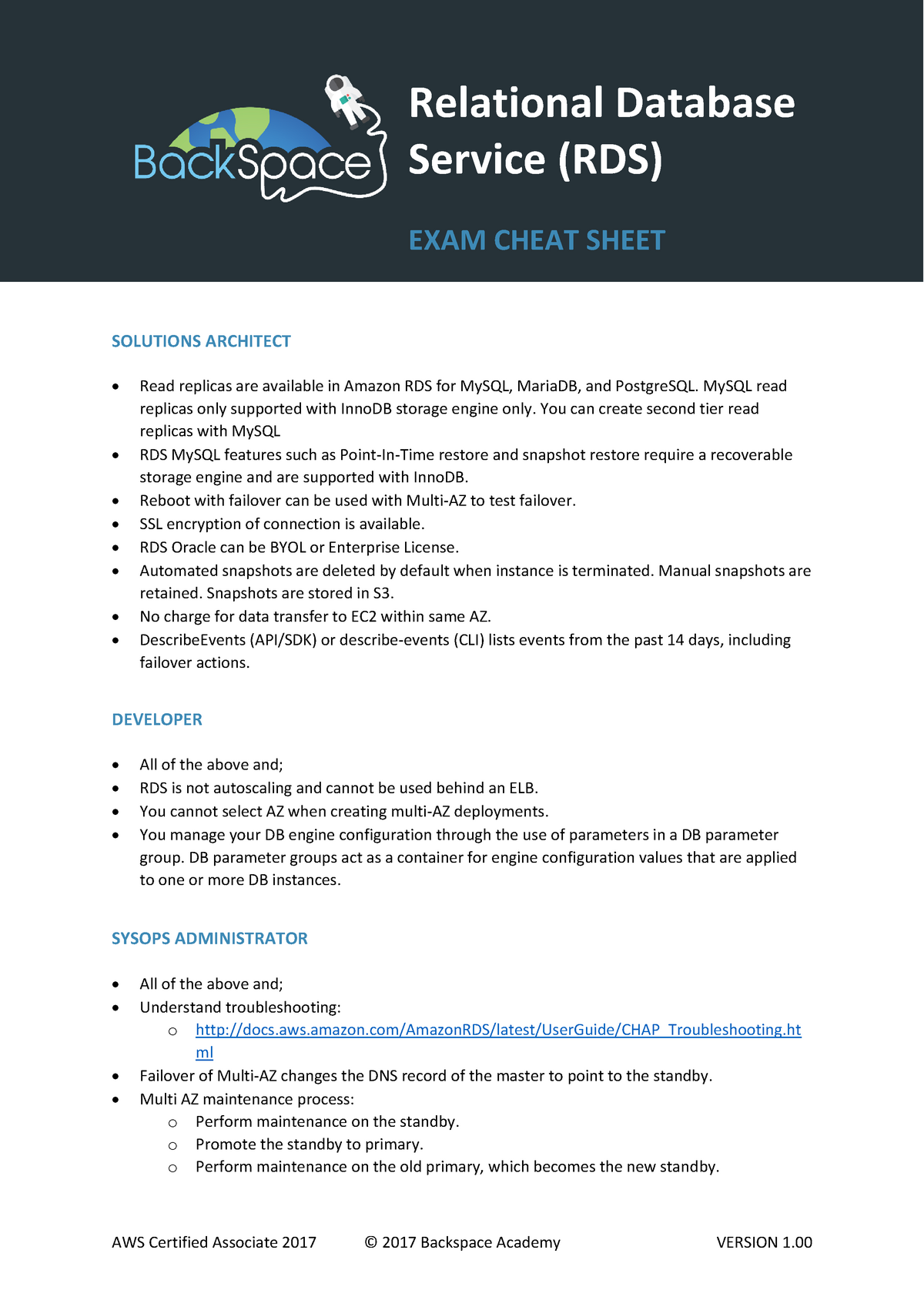 RDS Exam Cheat Sheet - Klklklkllk - AWS Certified Associate 2017 © 2017 ...