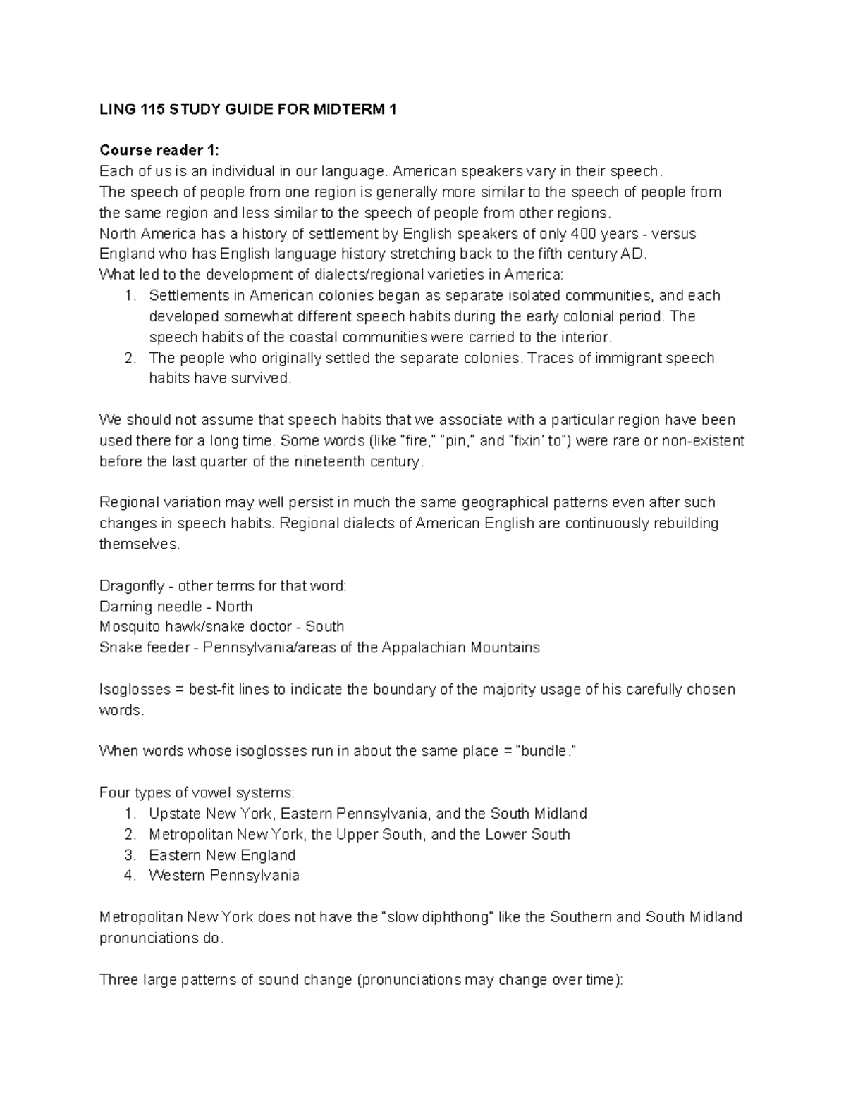 LING 115 CR Study Guide Midterm 1 - LING 115 STUDY GUIDE FOR MIDTERM 1 ...