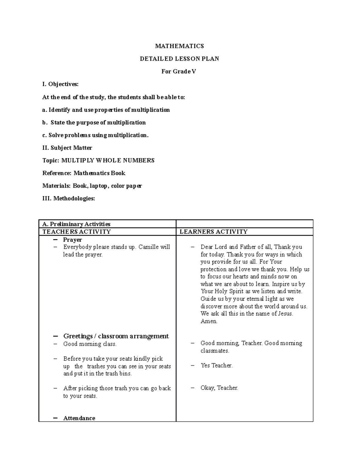 Detailed Lesson Plan Mathematics Detailed Lesson Plan For Grade V I