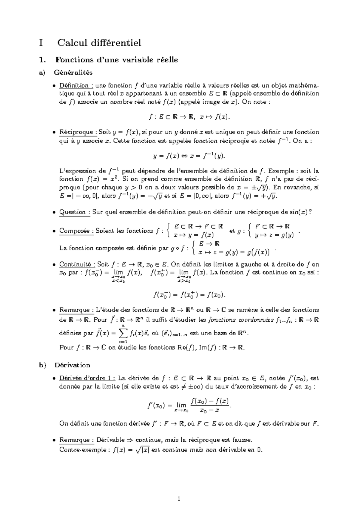 Cours Physique Maths 3 5 - I Calcul 1. Fonctions Variable A) : Une ...