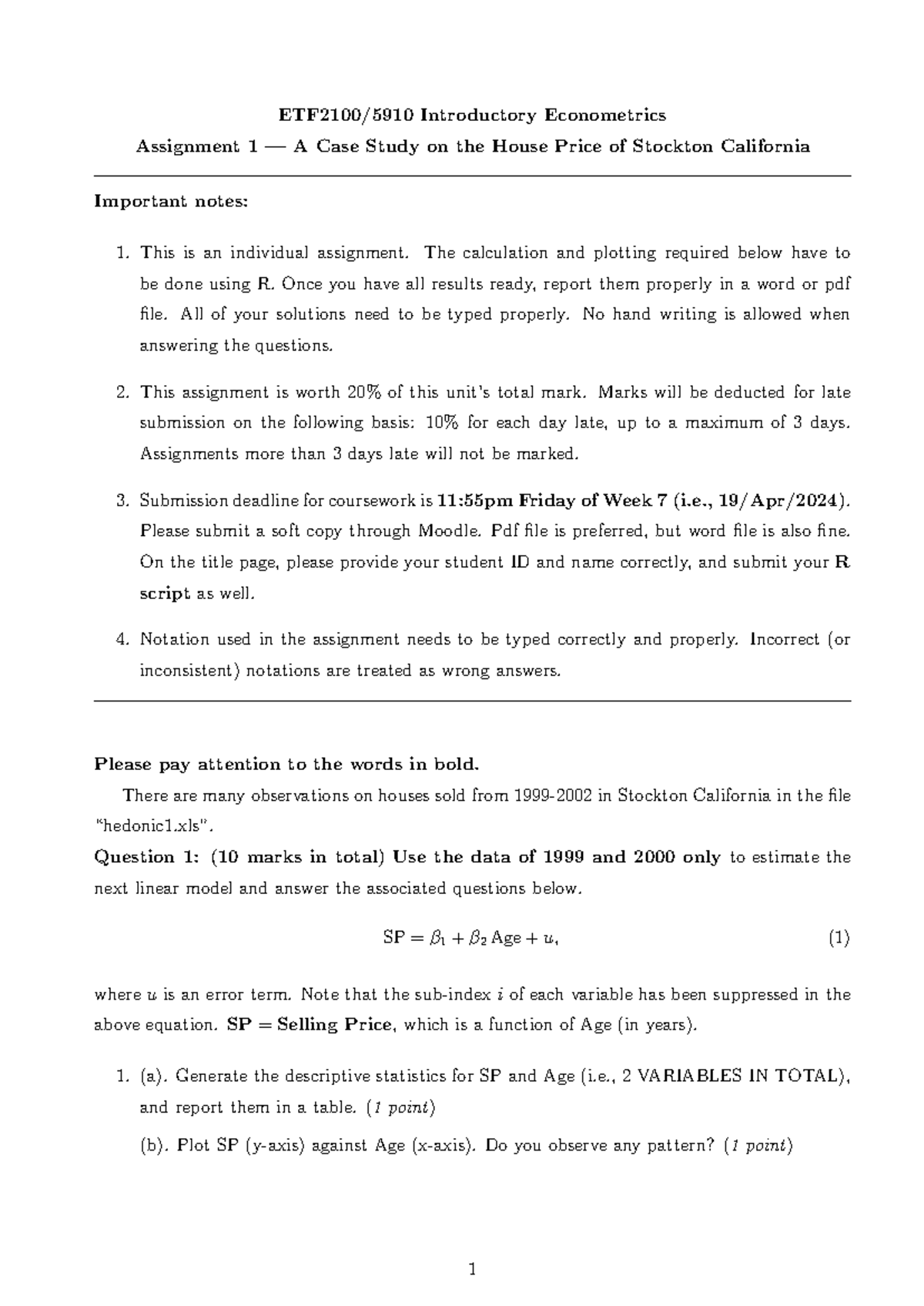 Ass1 - ETF2100/5910 Introductory Econometrics Assignment 1 — A Case ...