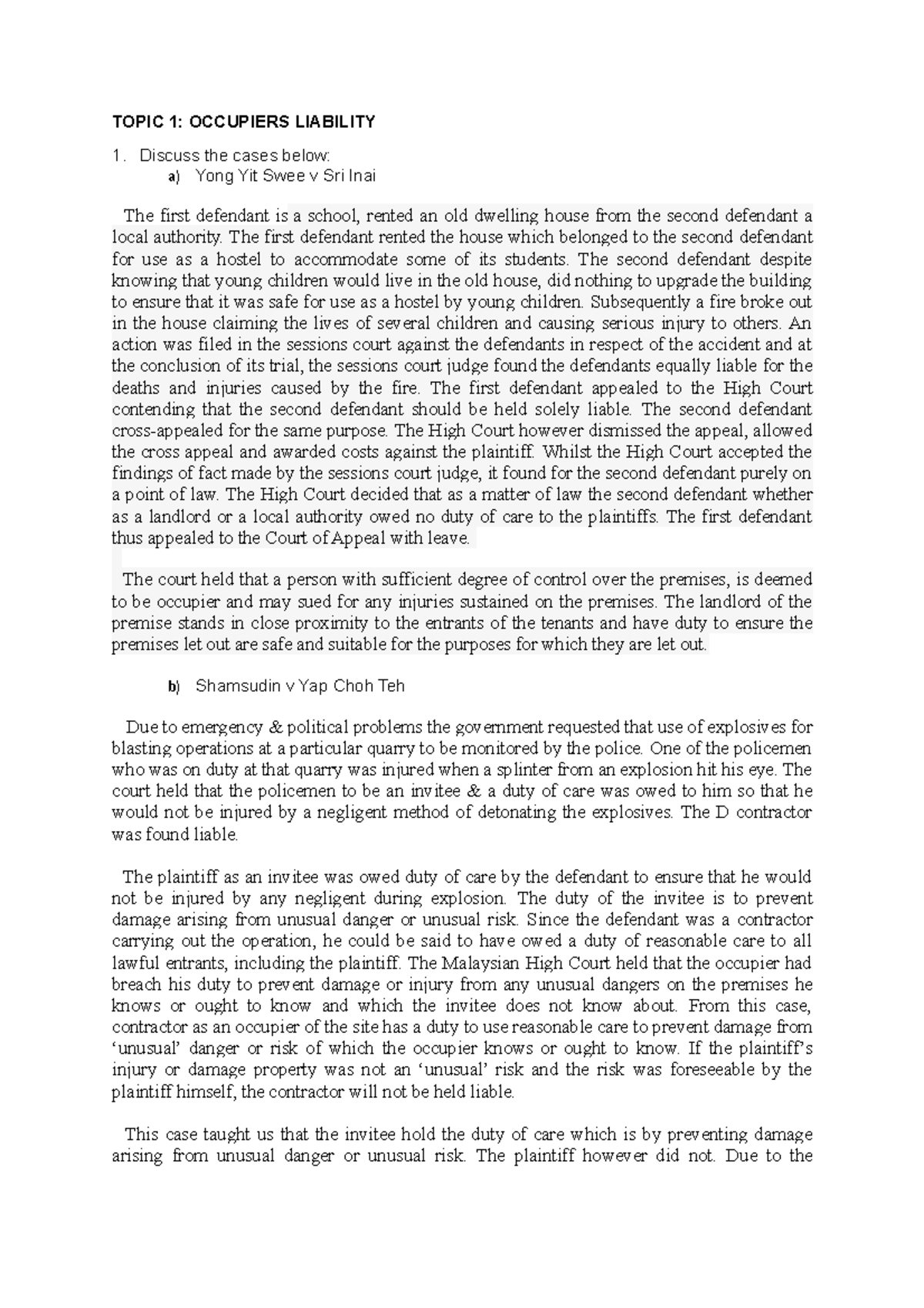 Tutorial Occupiers Liability - TOPIC 1: OCCUPIERS LIABILITY Discuss the ...