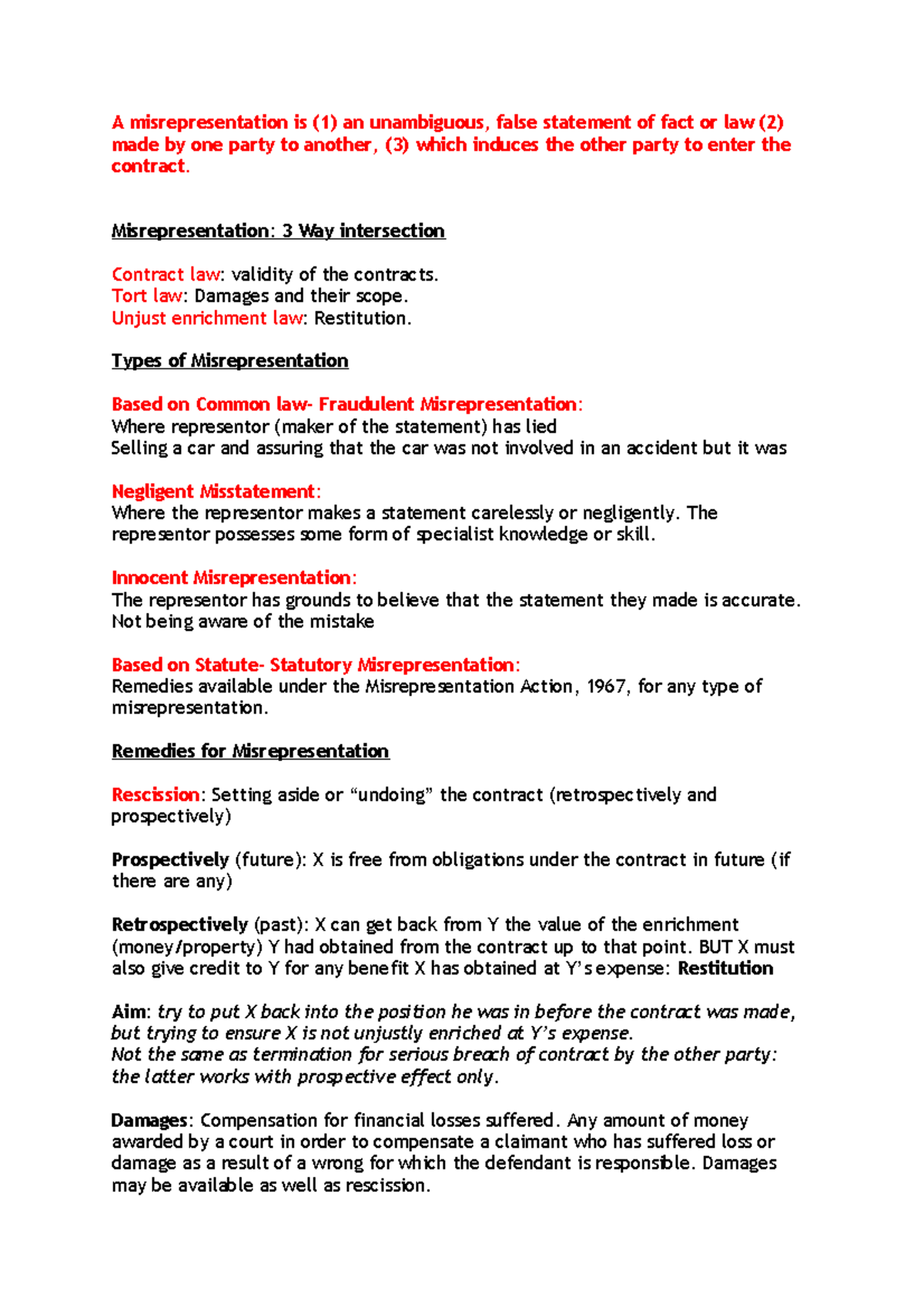 Misrepresentation Types And Remedies - LAW1108 - MDX - Studocu