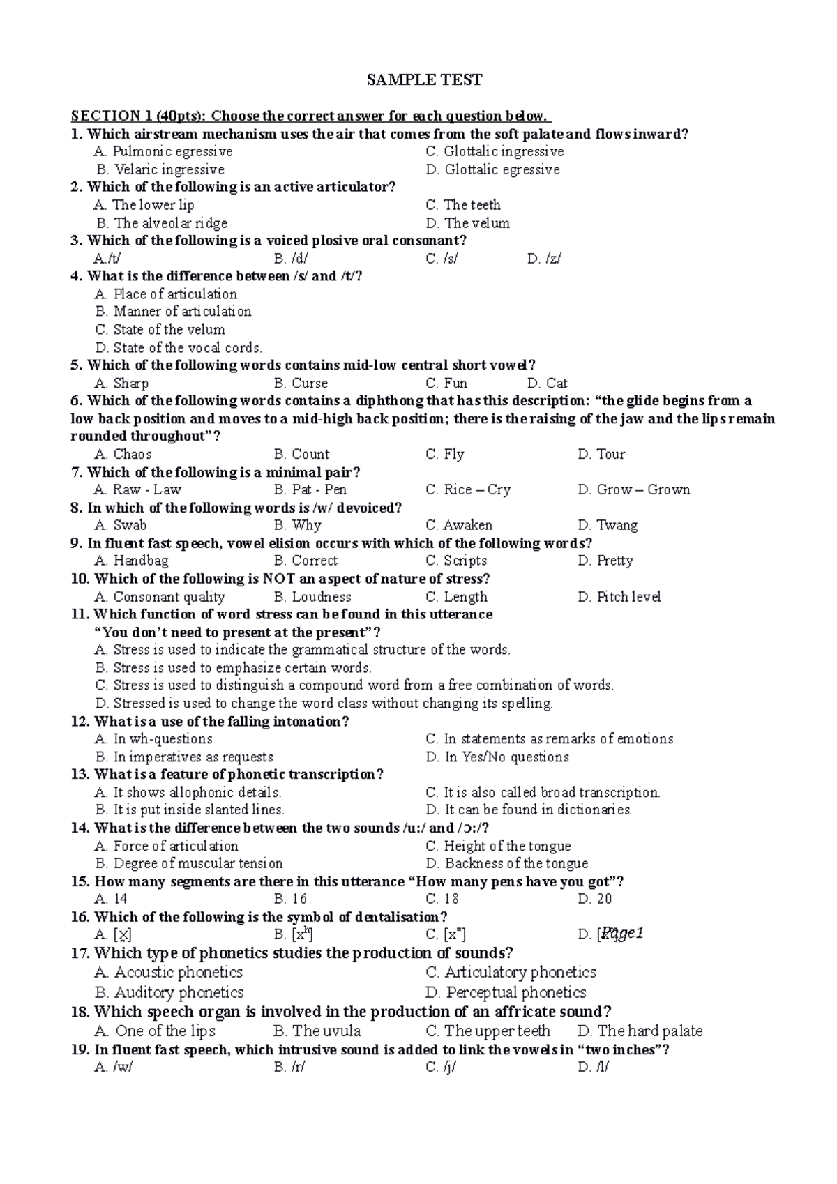 Sample test 2022 - Hhbbnmk - SAMPLE TEST SECTION 1 (40pts): Choose the ...