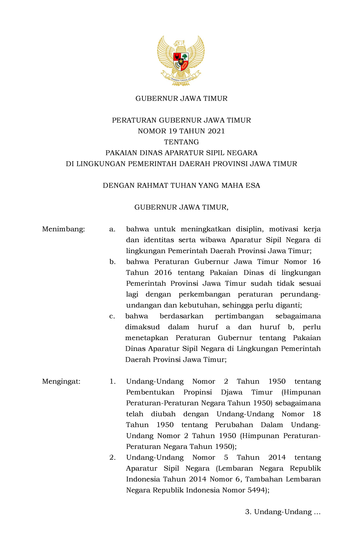 Pergub No 19 Tahun 2021 Tentang Pakaian Dinas - GUBERNUR JAWA TIMUR ...