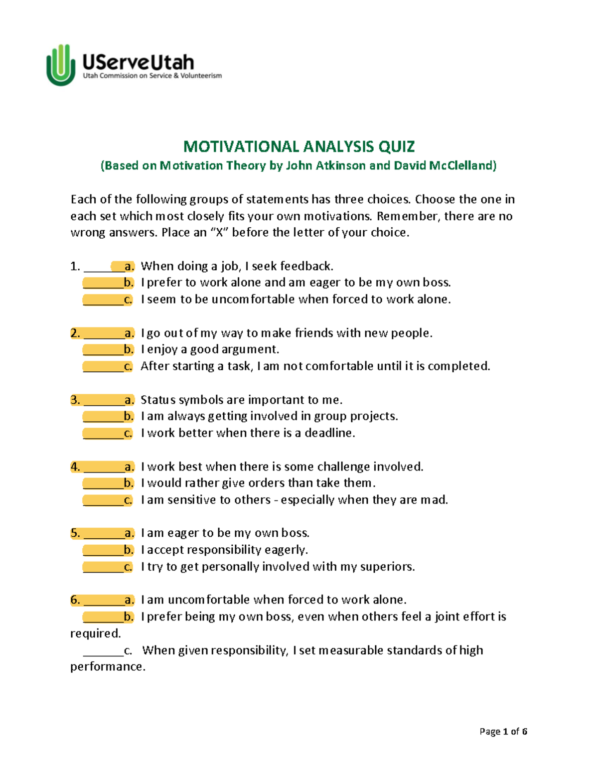 Motivational-Analysis-Quiz - MOTIVATIONAL ANALYSIS QUIZ (Based on ...