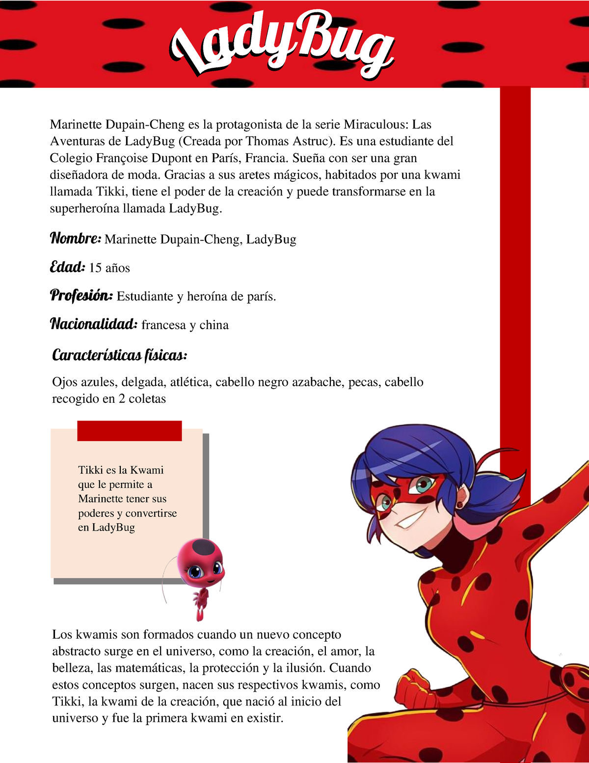 Blog - Blog de personaje libre - Marinette Dupain-Cheng, LadyBug 15 años  Estudiante y heroína de - Studocu