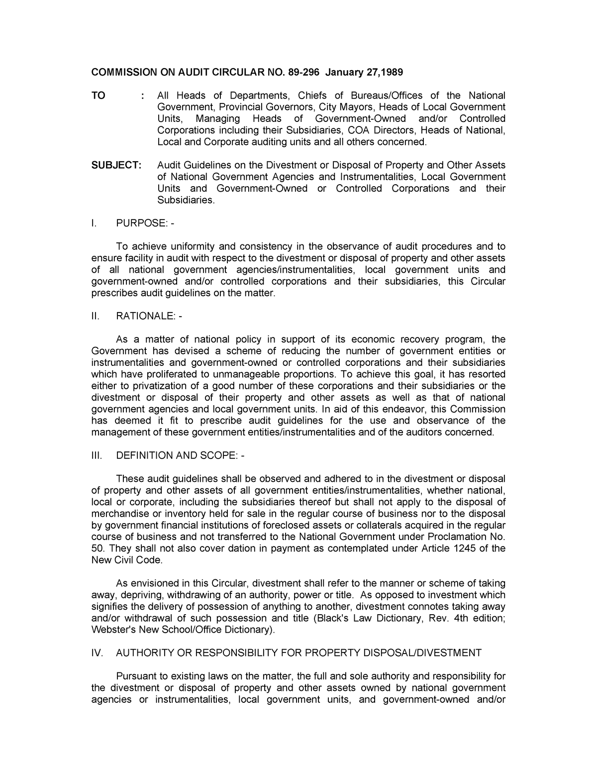 COA Circular 89-296 - COMMISSION ON AUDIT CIRCULAR NO. 89-296 January ...