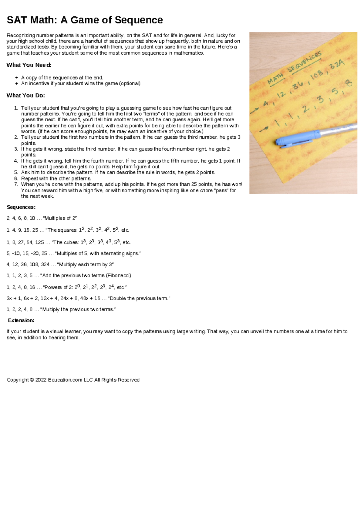 SAT Math Game Sequence - SAT Math: A Game of Sequence Recognizing ...