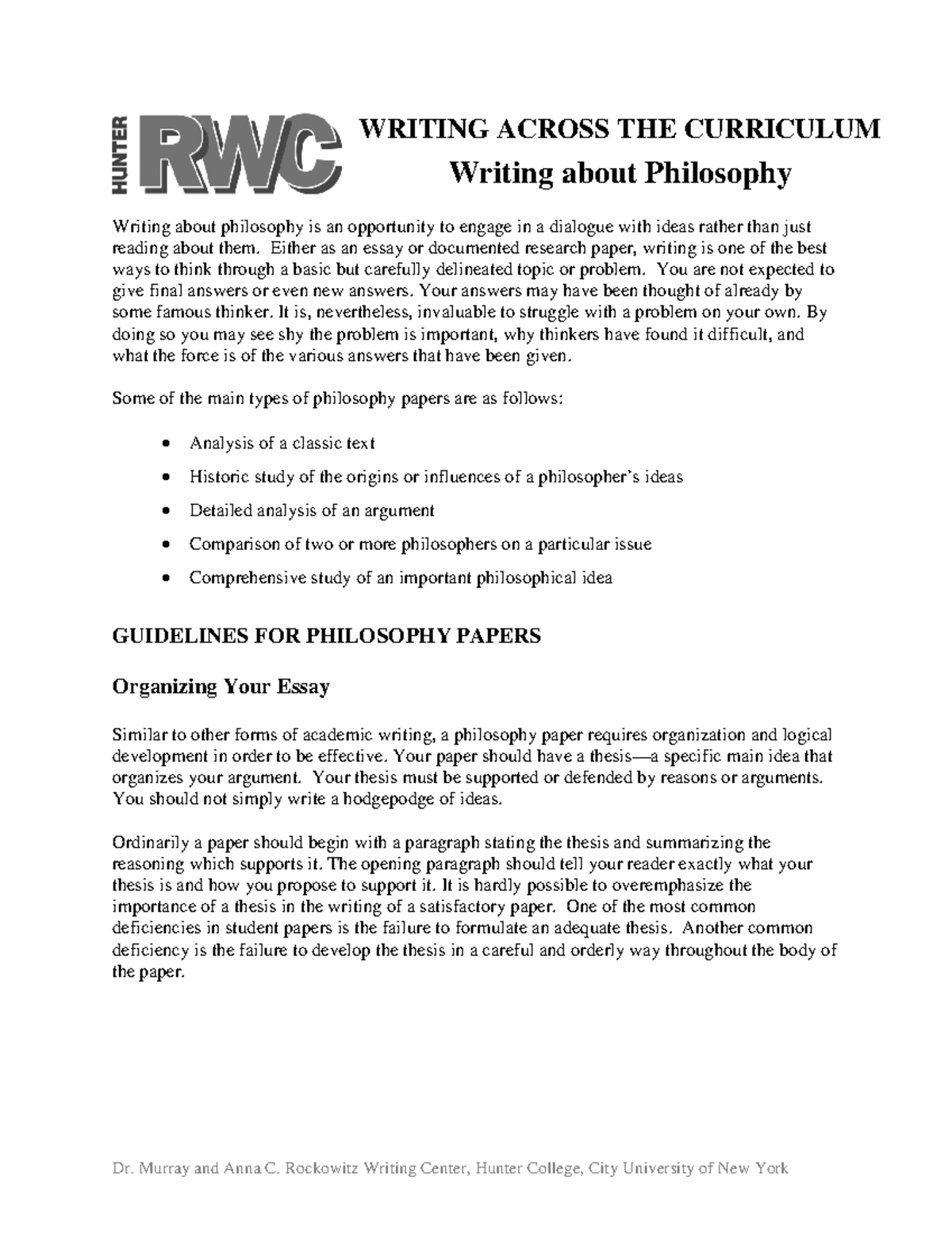 Writing about Philosophy - WRITING ACROSS THE CURRICULUM Writing about ...