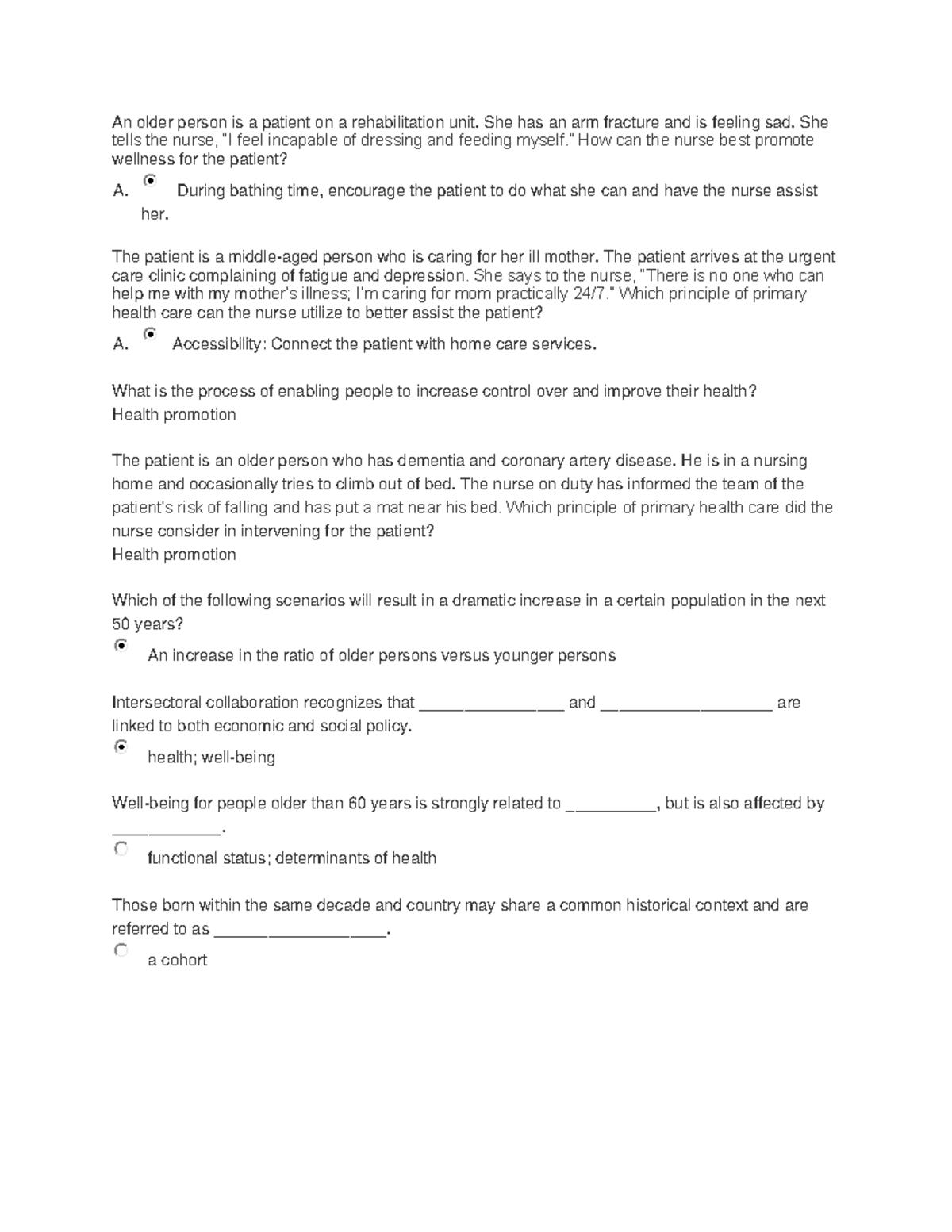 Health Assessment Quiz 2 Review Questions - An older person is a ...