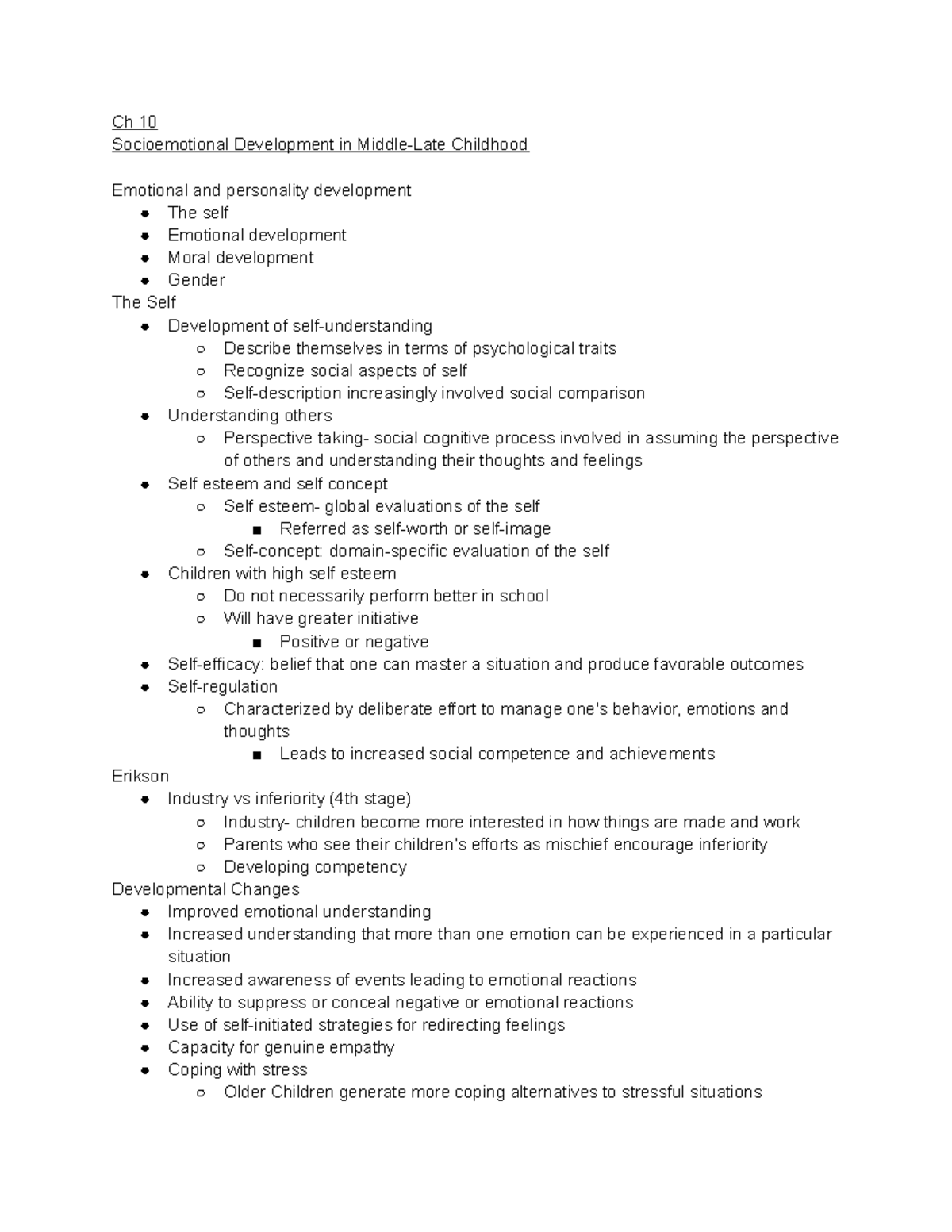 Chapter 10 Notes - Ch 10 Socioemotional Development In Middle-Late ...