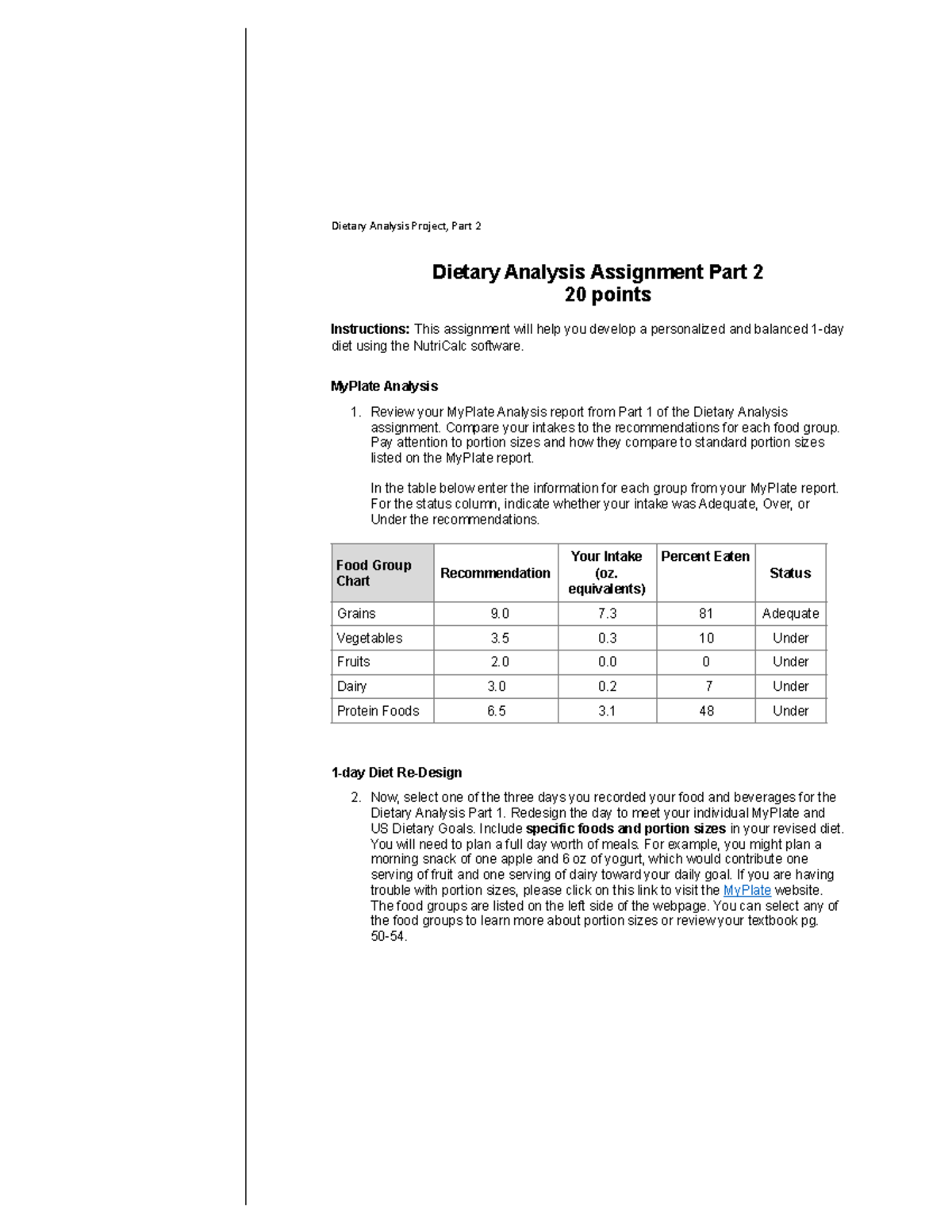 Dietary Analysis Assignment Part 2 1 Myplate Analysis 1 Review Your