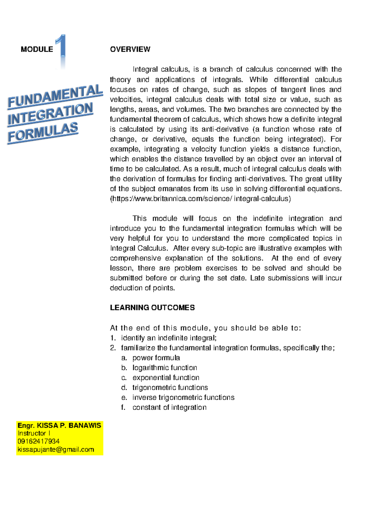 Module 1 Fundamental Integration Formulas - OVERVIEW Integral calculus ...