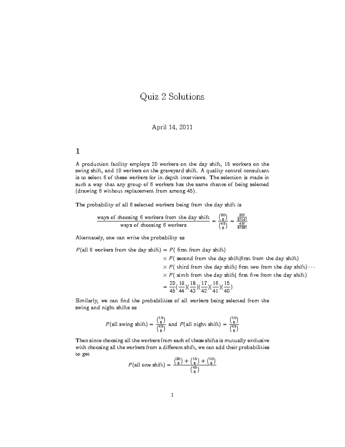 Quiz2-solutions - Soln to stat problem - Quiz 2 Solutions April 14 ...