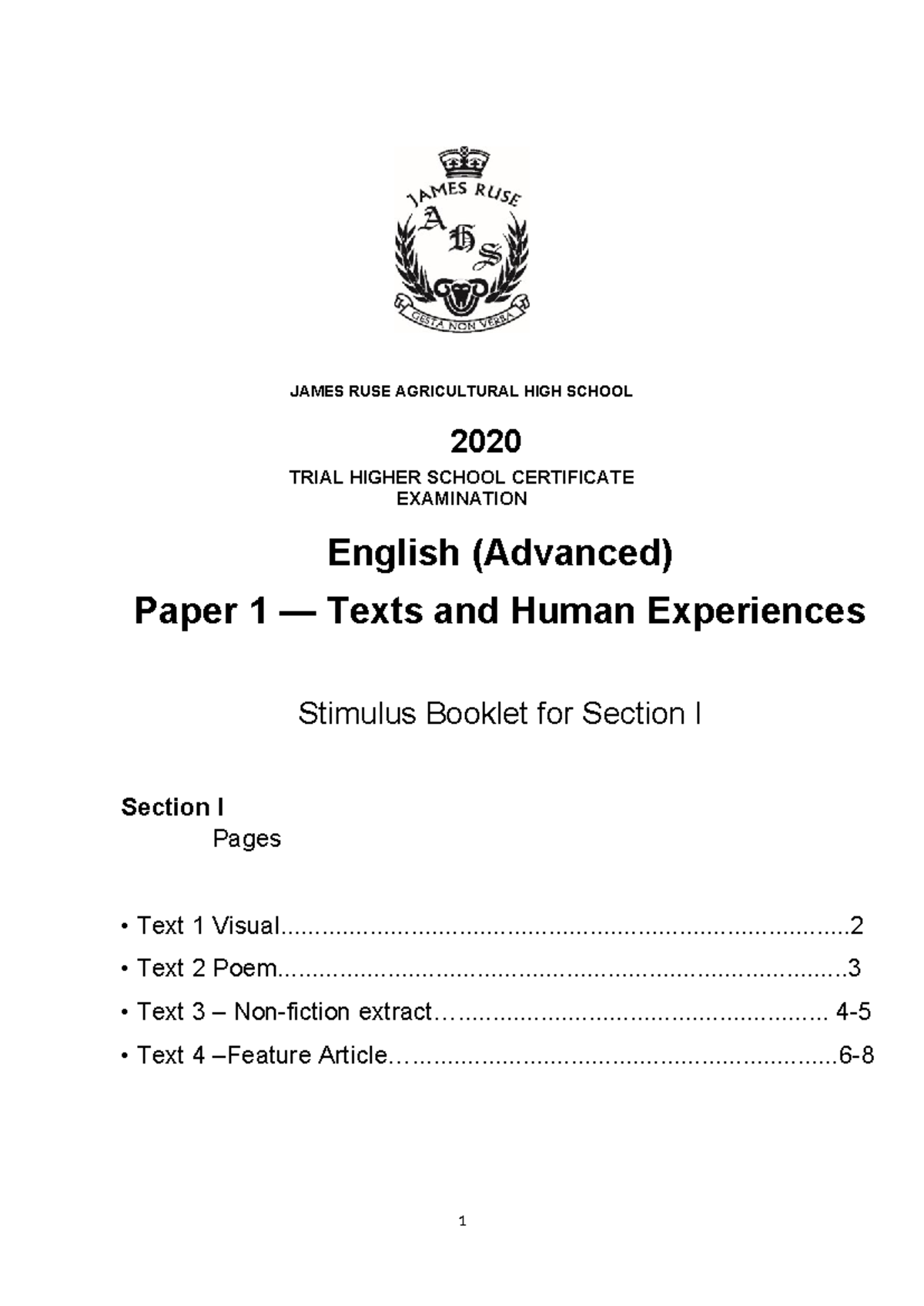 James Ruse Trial paper 2020 paper 1- Stimulus Paper 1 - JAMES RUSE ...