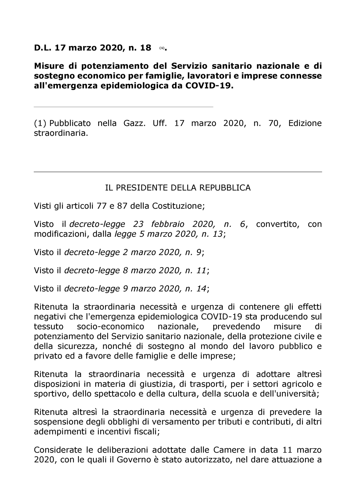 Decreto Legge 17 marzo 2020 n 18 Cura Italia D. 17 marzo 2020, n. 18