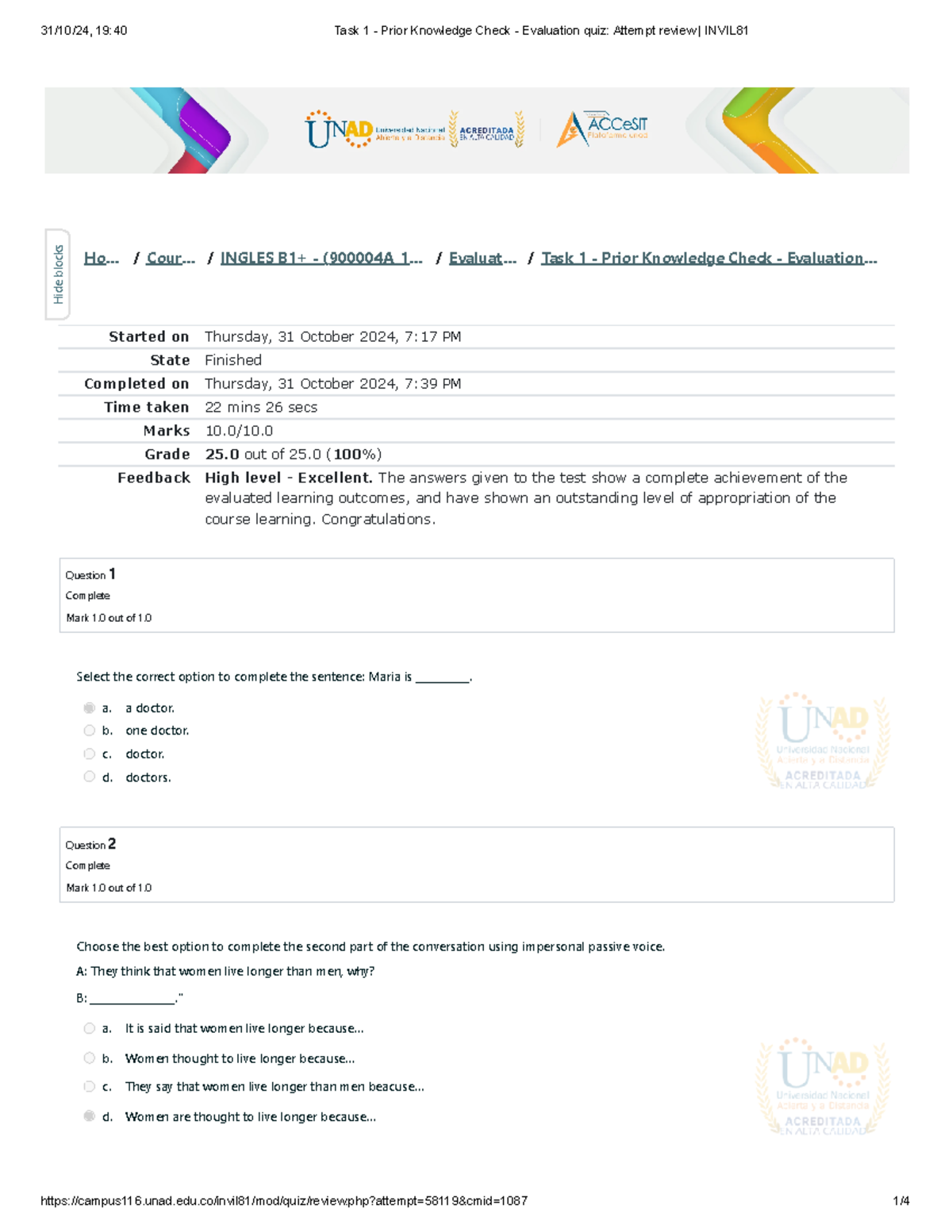 Task 1 - Prior Knowledge Check - Evaluation quiz Ingles B1+ - Started ...
