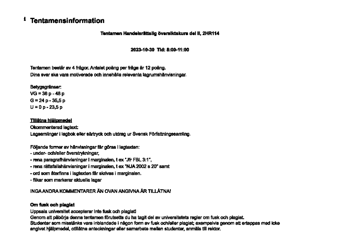 2HR114 HÖK Del II, Tenta 2023-10-30 Inkl Sva R - Kortfattade Svar Tenta ...