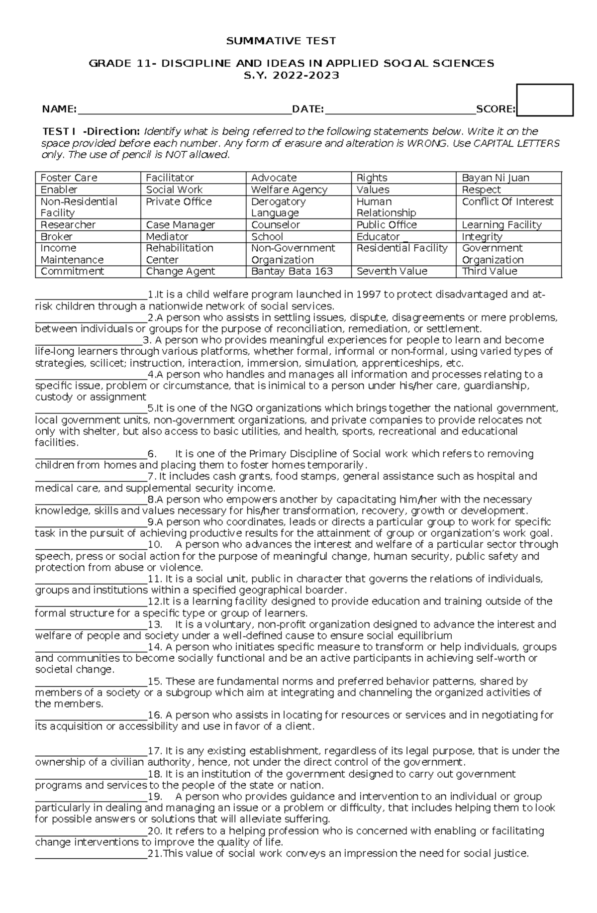 Discipline and Ideas in Social Science - SUMMATIVE TEST GRADE 11 ...