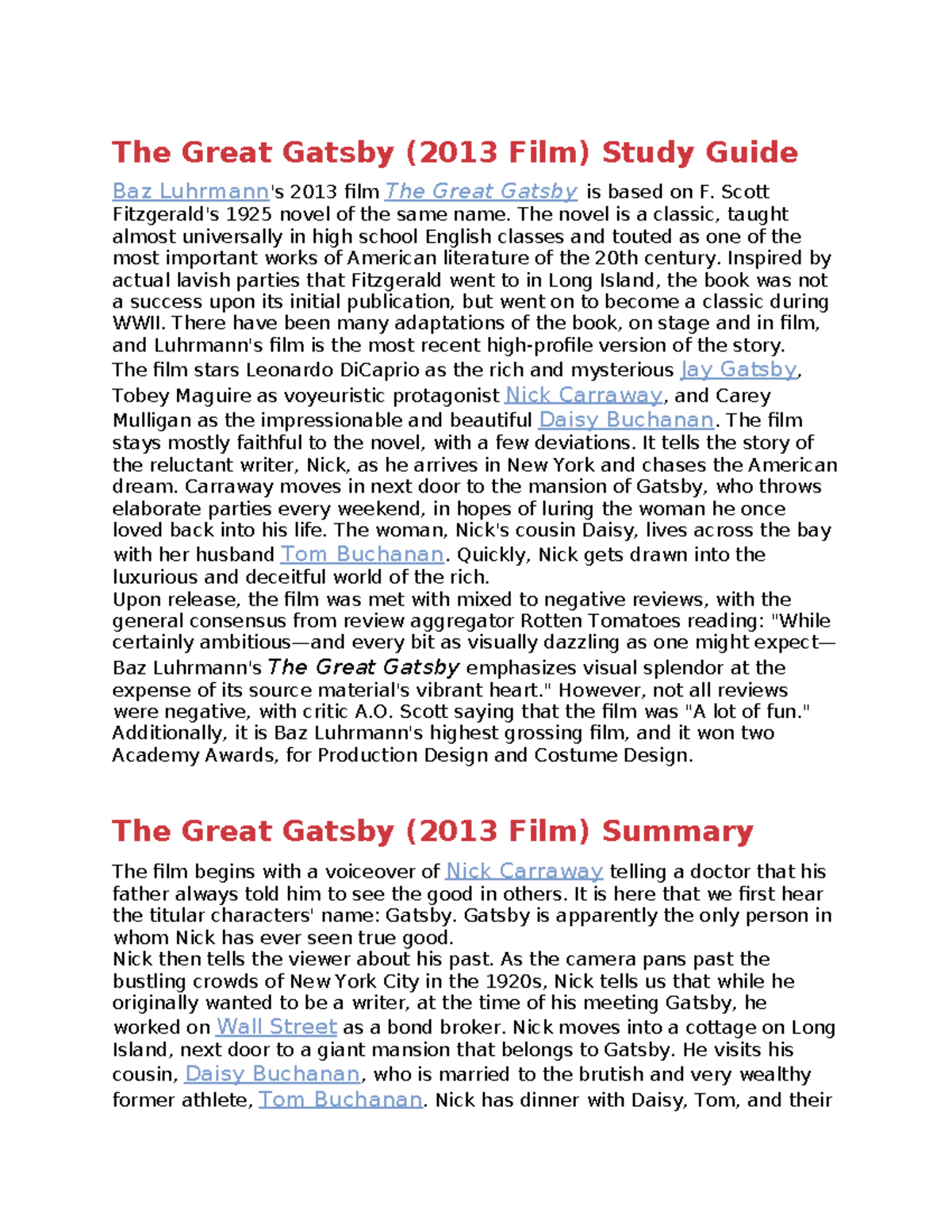 2. Intro and Plot Summary The Great Gatsby (2013 Film) Study Guide