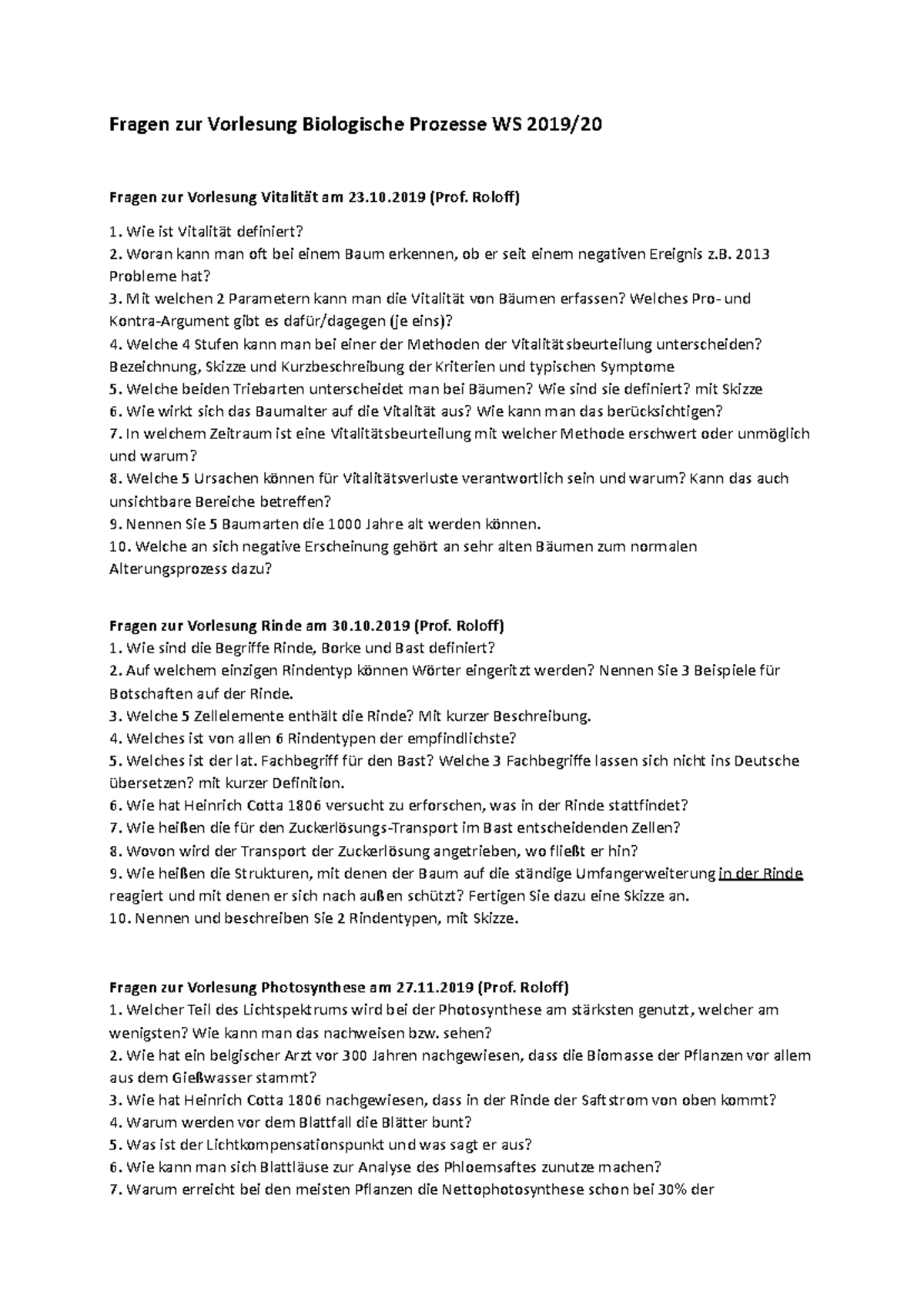 Fragen Zur Praktischen Prüfung Baselland Biologische Prozesse WS 19-20 Fragen - Fragen zur Vorlesung Biologische