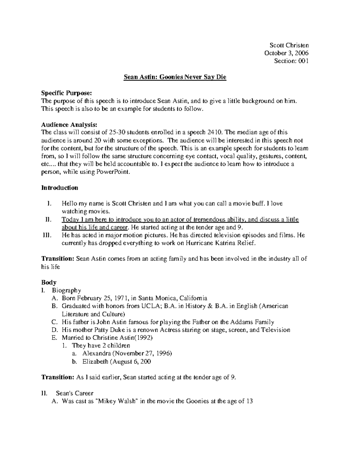 Outline Example - Scott Christen October 3, 2006 Section: 001 Sean ...