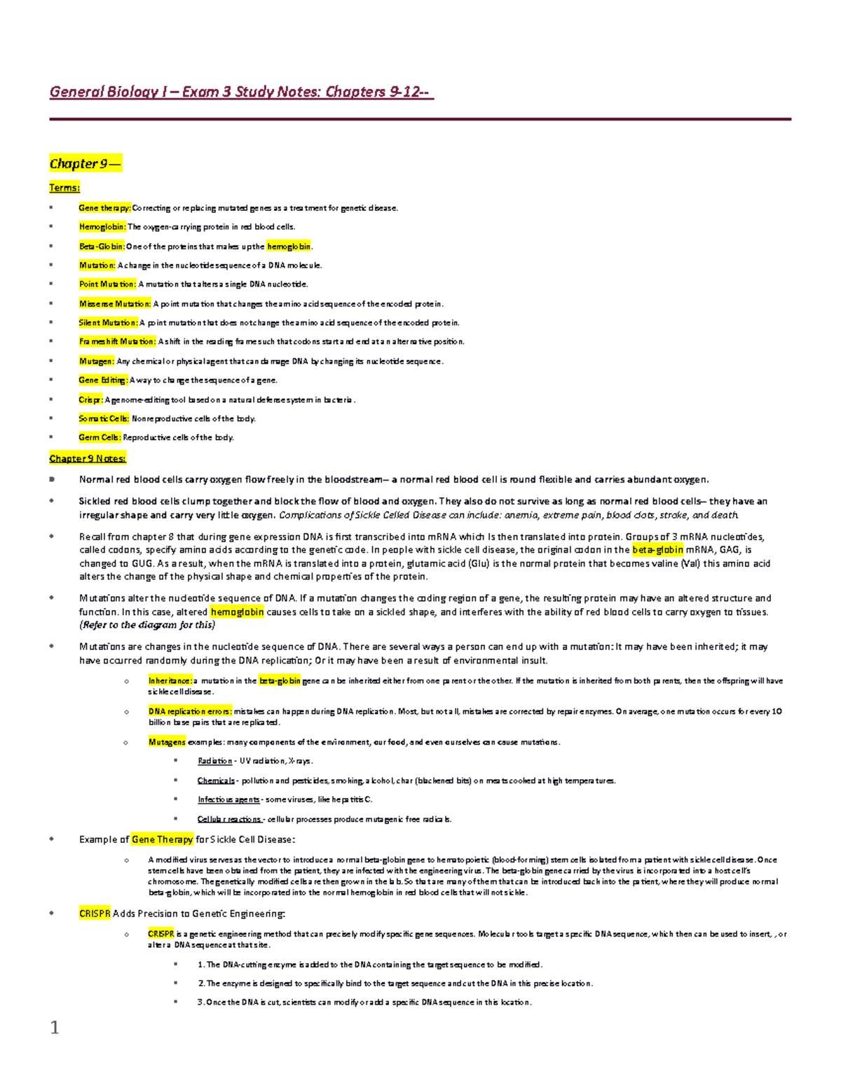 Biology Exam 3 - Study Notes - General Biology I – Exam 3 Study Notes ...