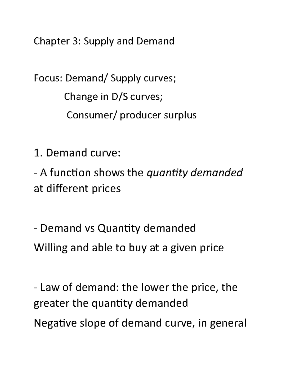 Chapter 3 - Chapter 3: Supply and Demand Focus: Demand/ Supply curves ...
