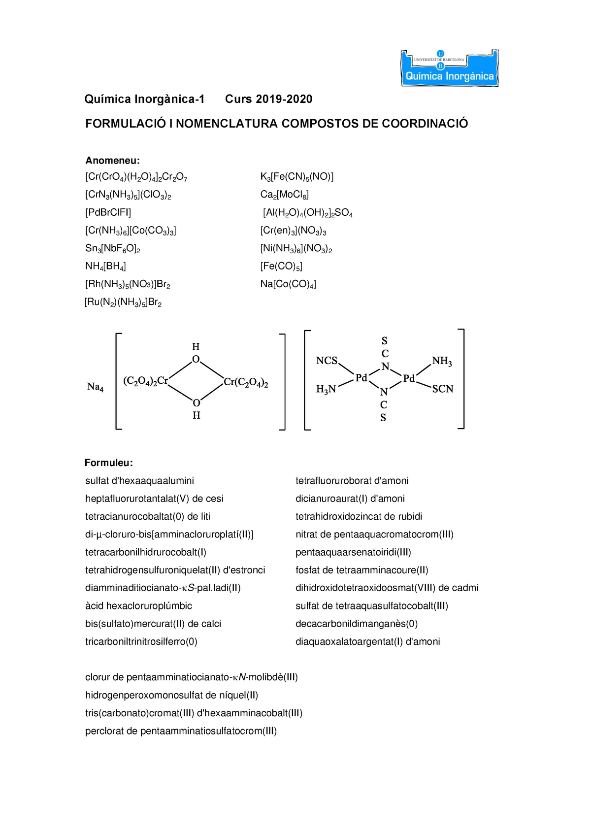 Ejercicios Resueltos Formulación Y Nomenclatura Coordinación Química Inorgànica 1 Curs 2019 3123