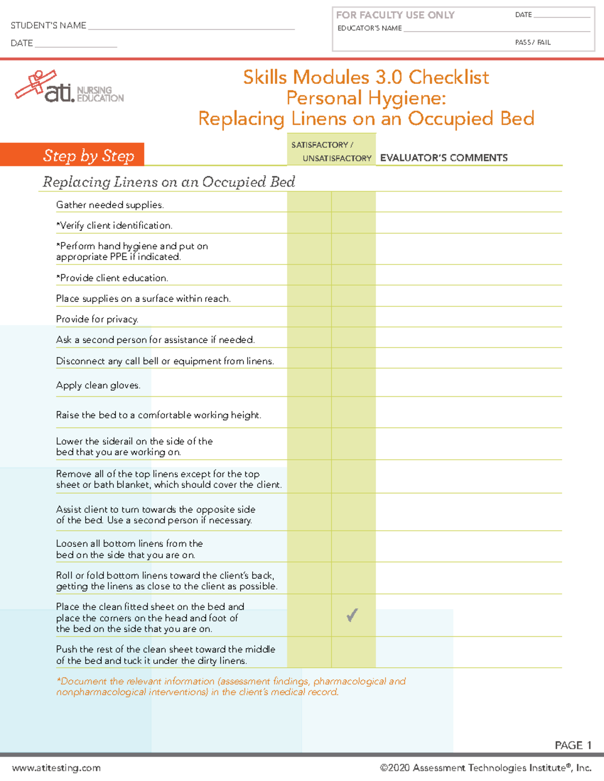 Skills Checklist Personal Hygiene Linens Occupied - EDUCATOR ...