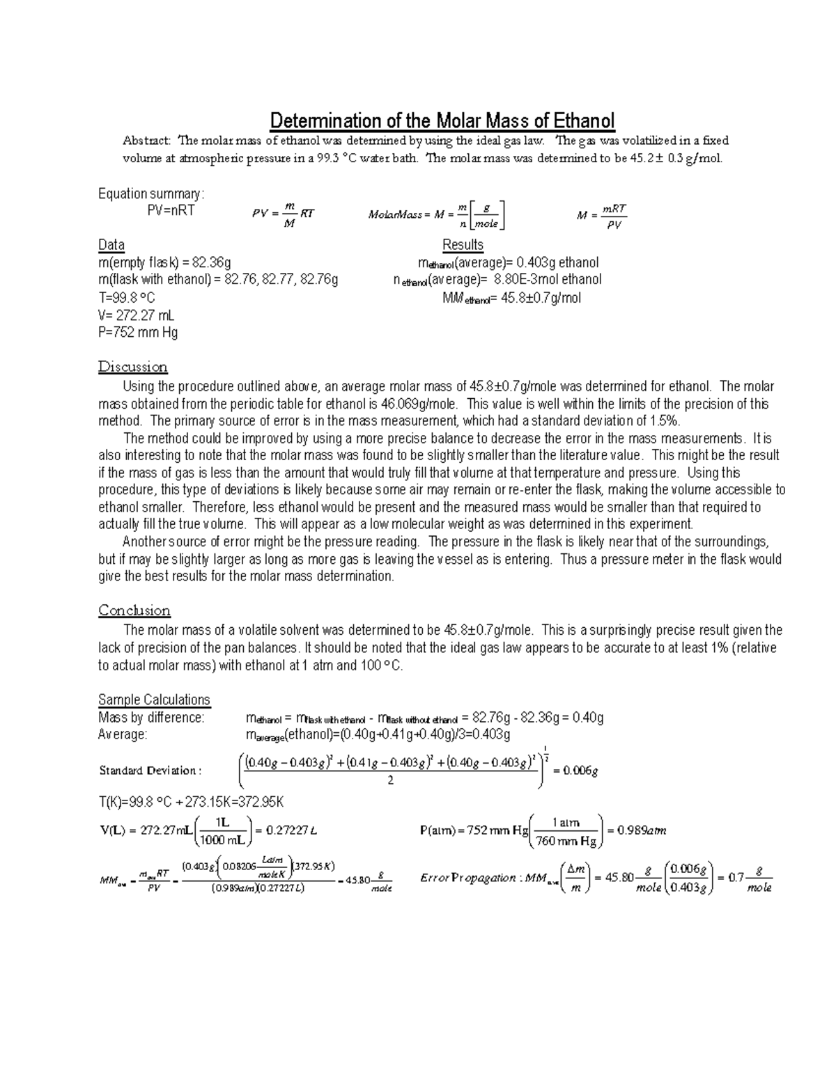 samplelab-lab-report-determination-of-the-molar-mass-of-ethanol